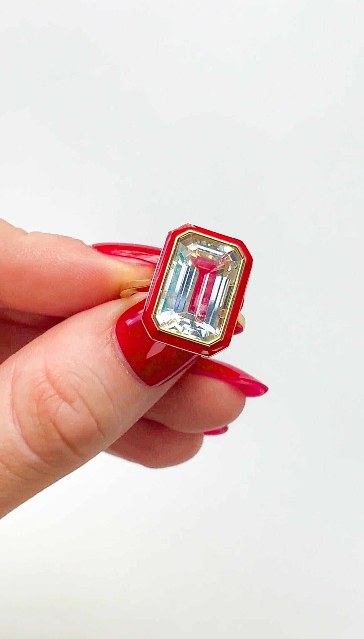 For Sale:  Rock Crystal Emerald Cut Ring in 18K Gold with Red Enamel 3