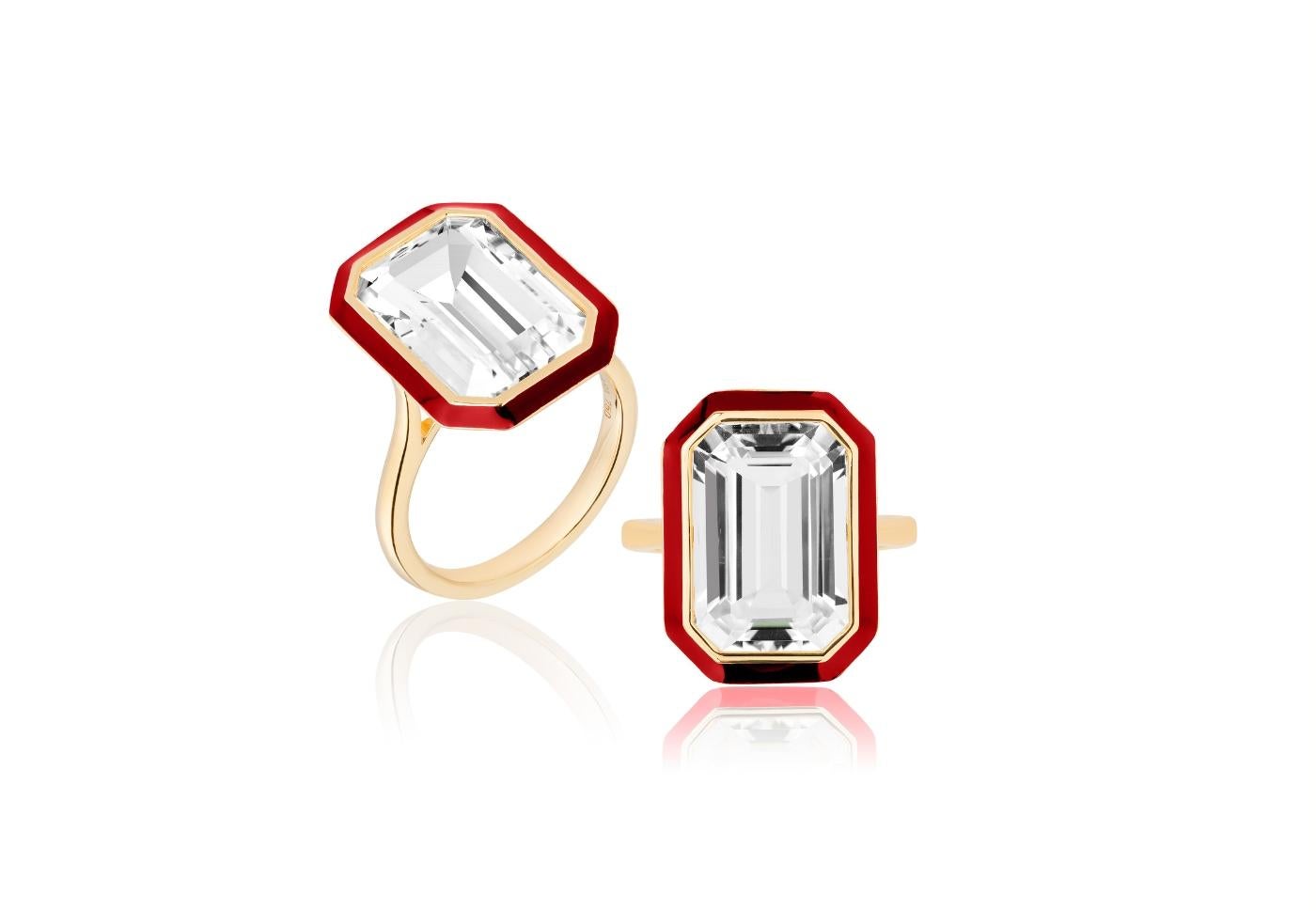 For Sale:  Rock Crystal Emerald Cut Ring in 18K Gold with Red Enamel 6