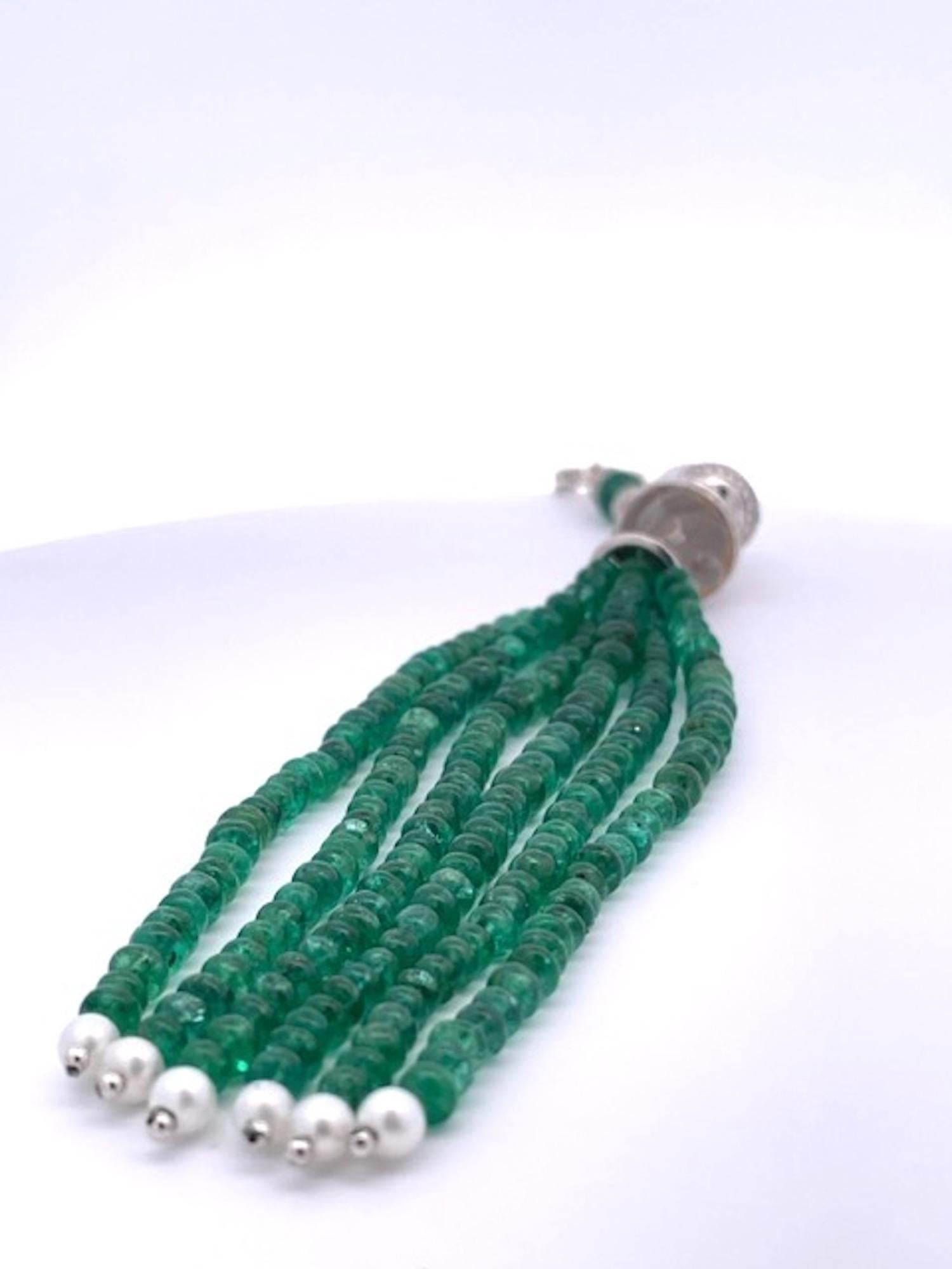 Artisan Rock Crystal Emerald Diamond Tassel  For Sale