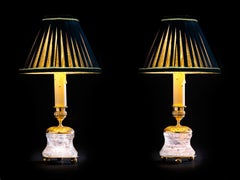 Rock Crystal Empire Style 24-Karat Ormolu Gilding Bronze Lamps Black Shades