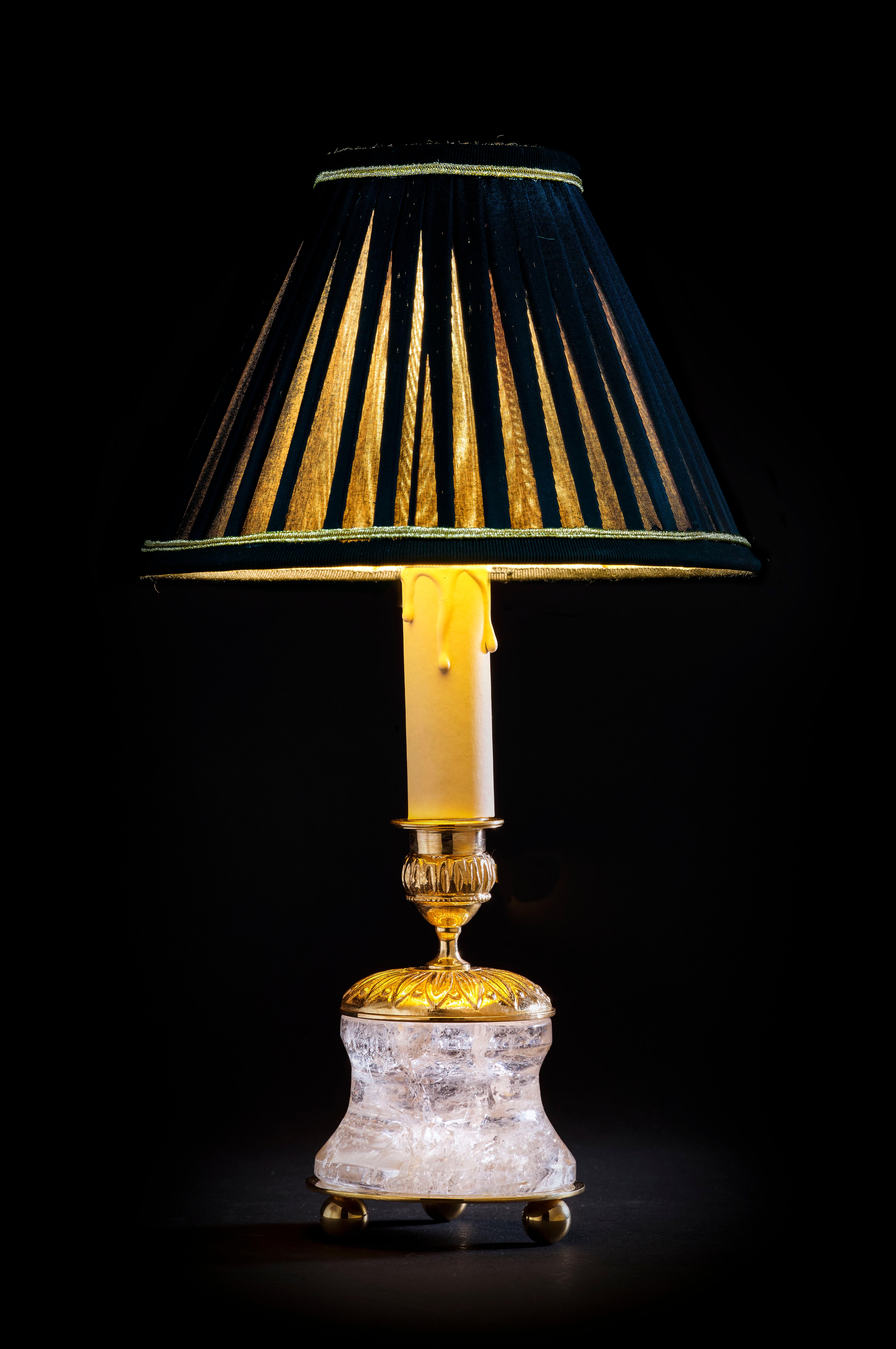 French Rock Crystal Empire Style 24-Karat Ormolu Gilding Bronze Lamps Black Shades For Sale
