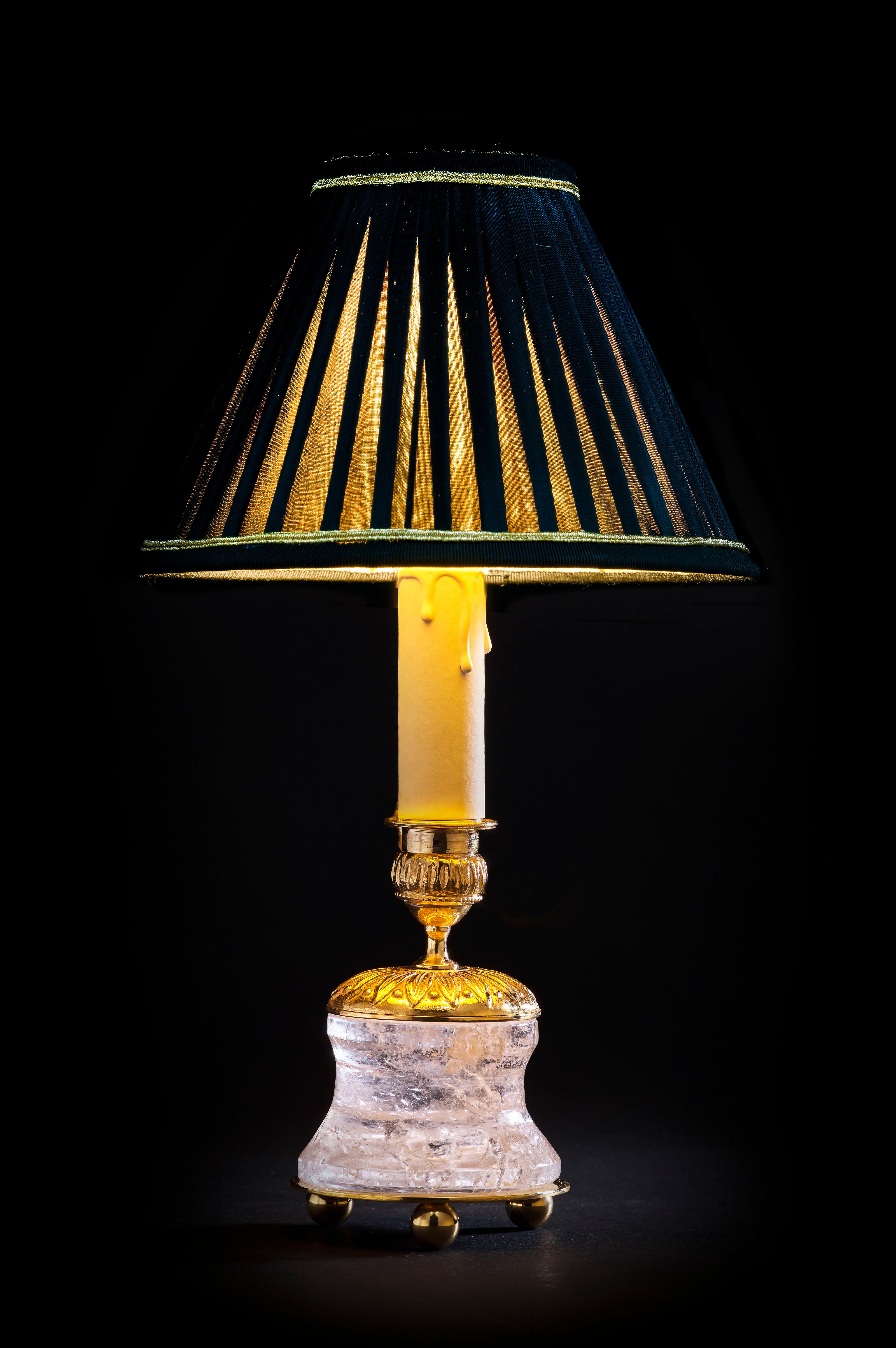 Rock Crystal Empire Style 24-Karat Ormolu Gilding Bronze Lamps Black Shades In New Condition For Sale In SAINT-OUEN, FR