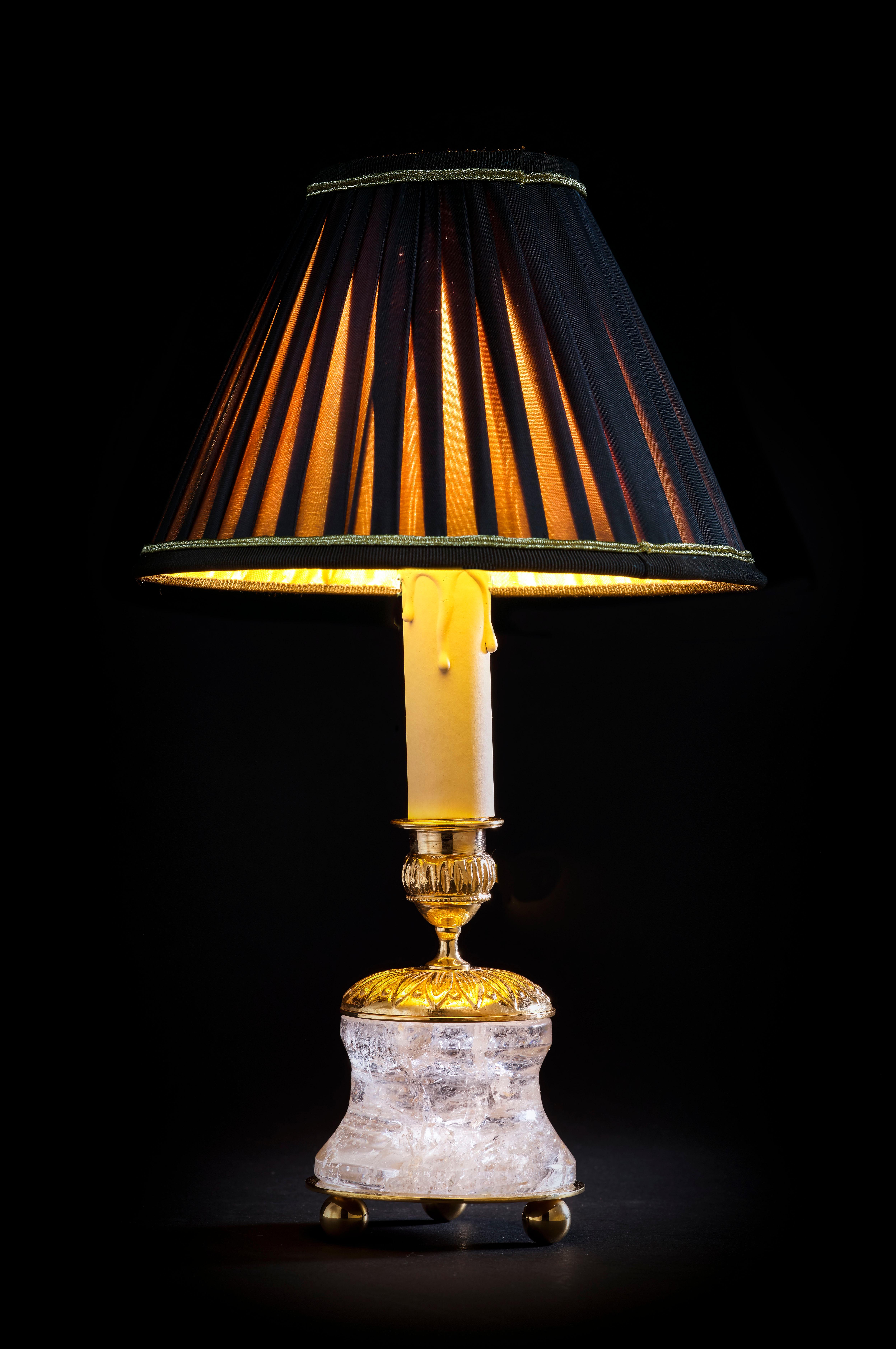 French Rock Crystal Empire Style 24-Karat Ormolu Gilding Bronze Lamps Brown Shades