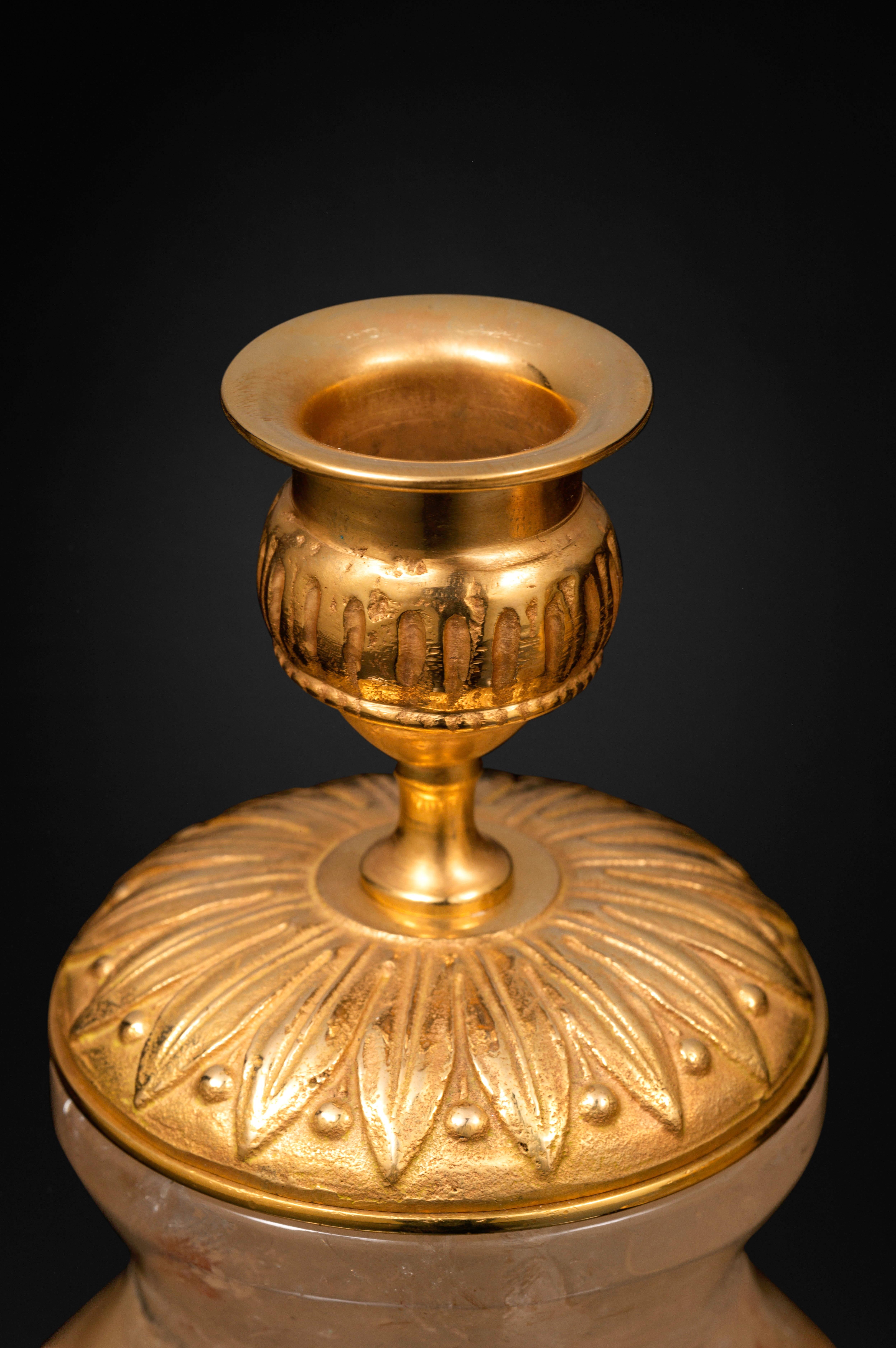 Rock Crystal Empire Style 24-Karat Ormolu Gilding Bronze Lamps Brown Shades 1