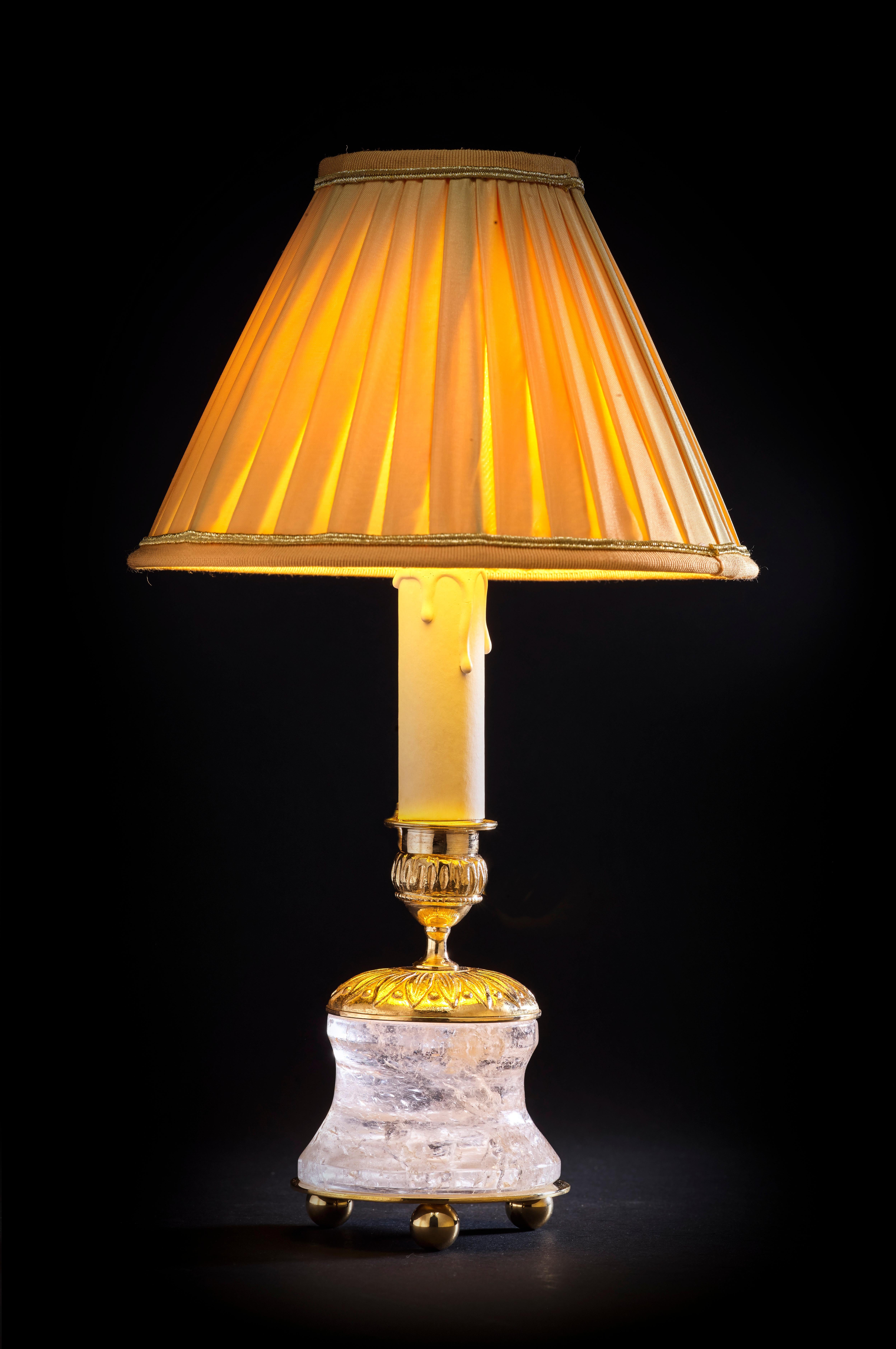 French Rock Crystal Empire Style 24-Karat Ormolu Gilding Bronze Lamps Gold Shades For Sale