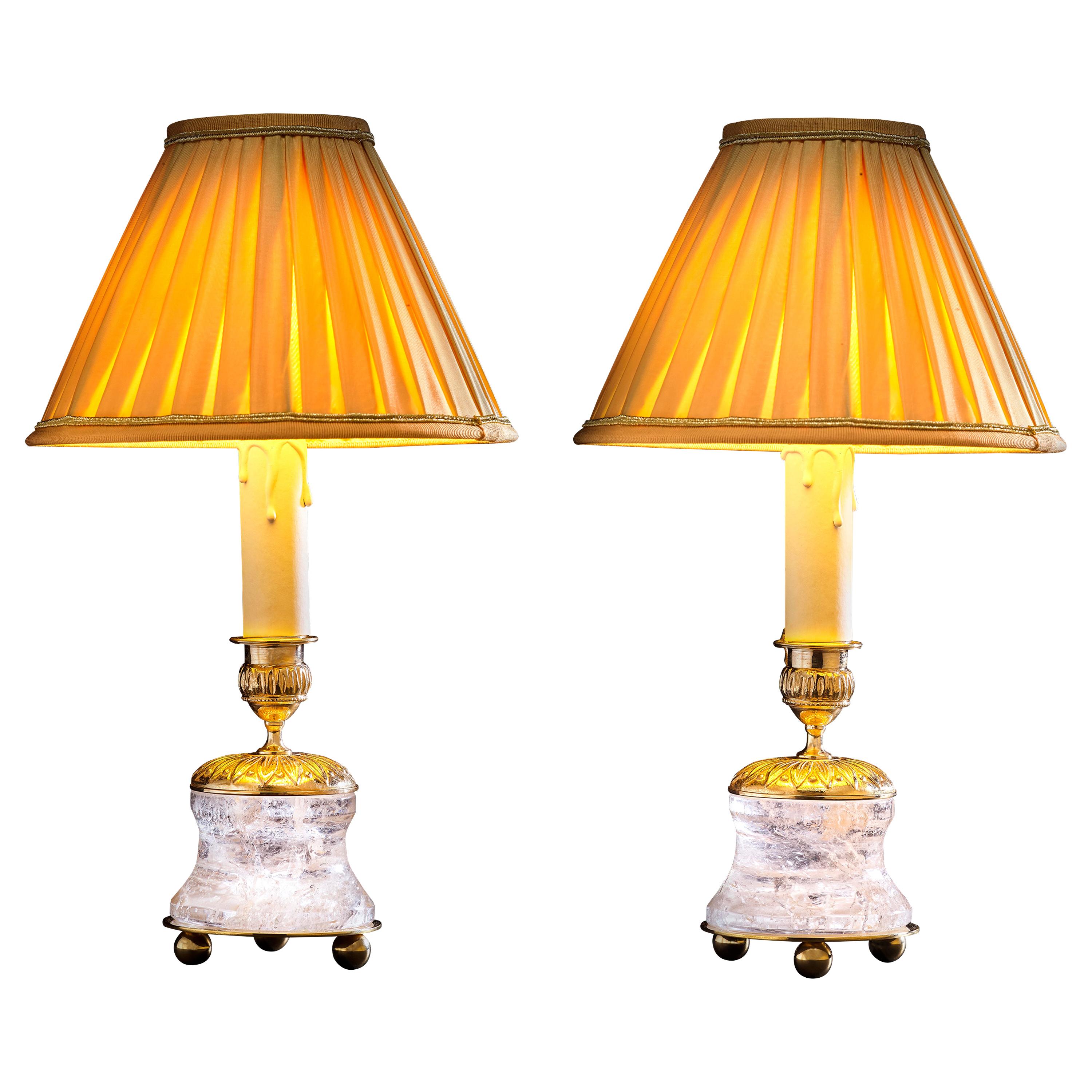 Rock Crystal Empire Style 24-Karat Ormolu Gilding Bronze Lamps Gold Shades For Sale