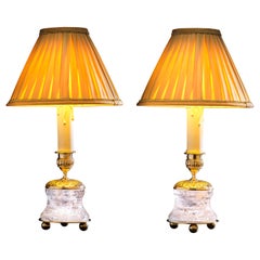 Rock Crystal Empire Style 24-Karat Ormolu Gilding Bronze Lamps Gold Shades