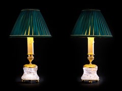Rock Crystal Empire Style 24-Karat Ormolu Gilding Bronze Lamps Green Shades