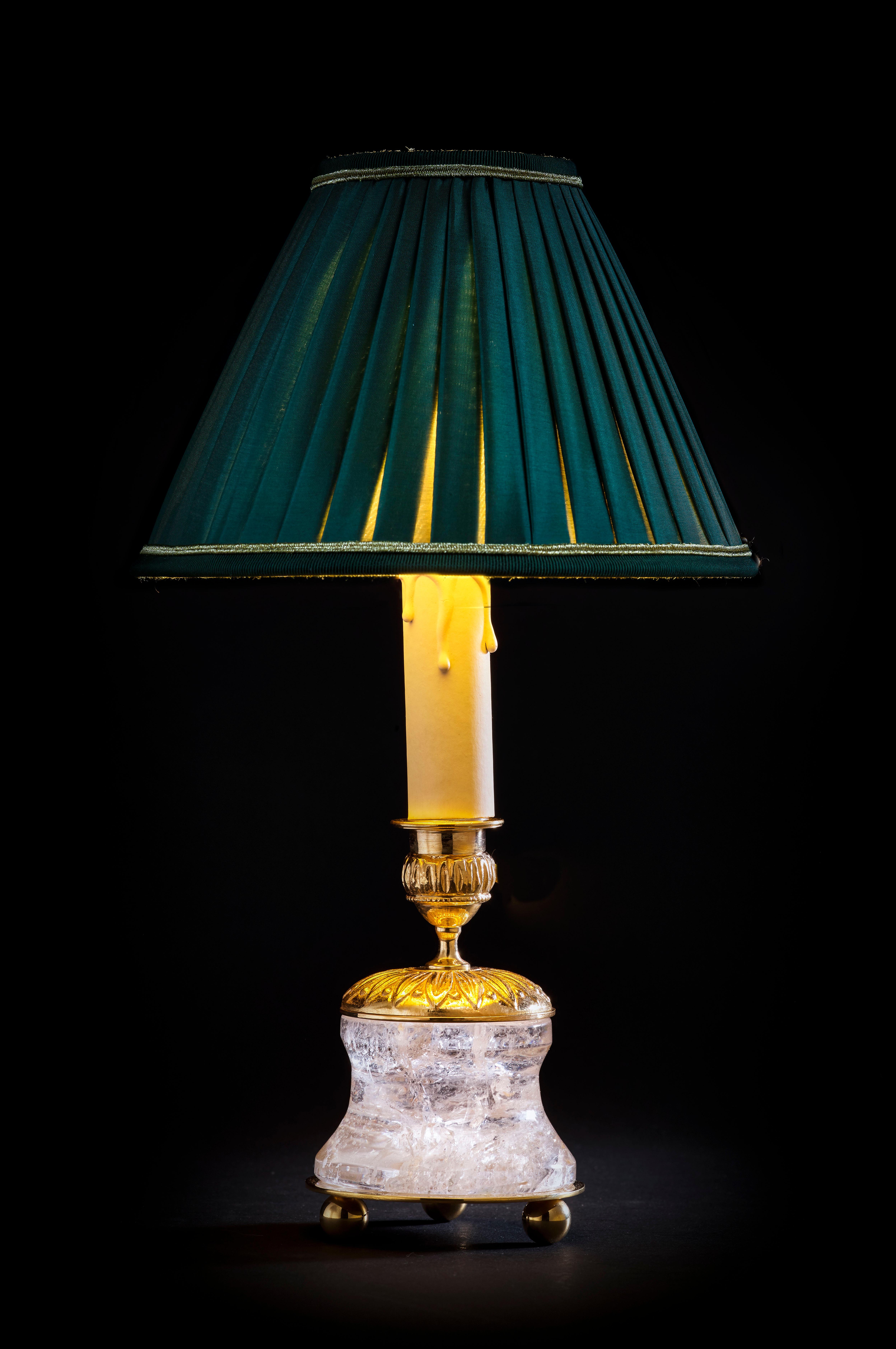 French Rock Crystal Empire Style 24-Karat Ormolu Gilding Bronze Lamps Green Shades For Sale