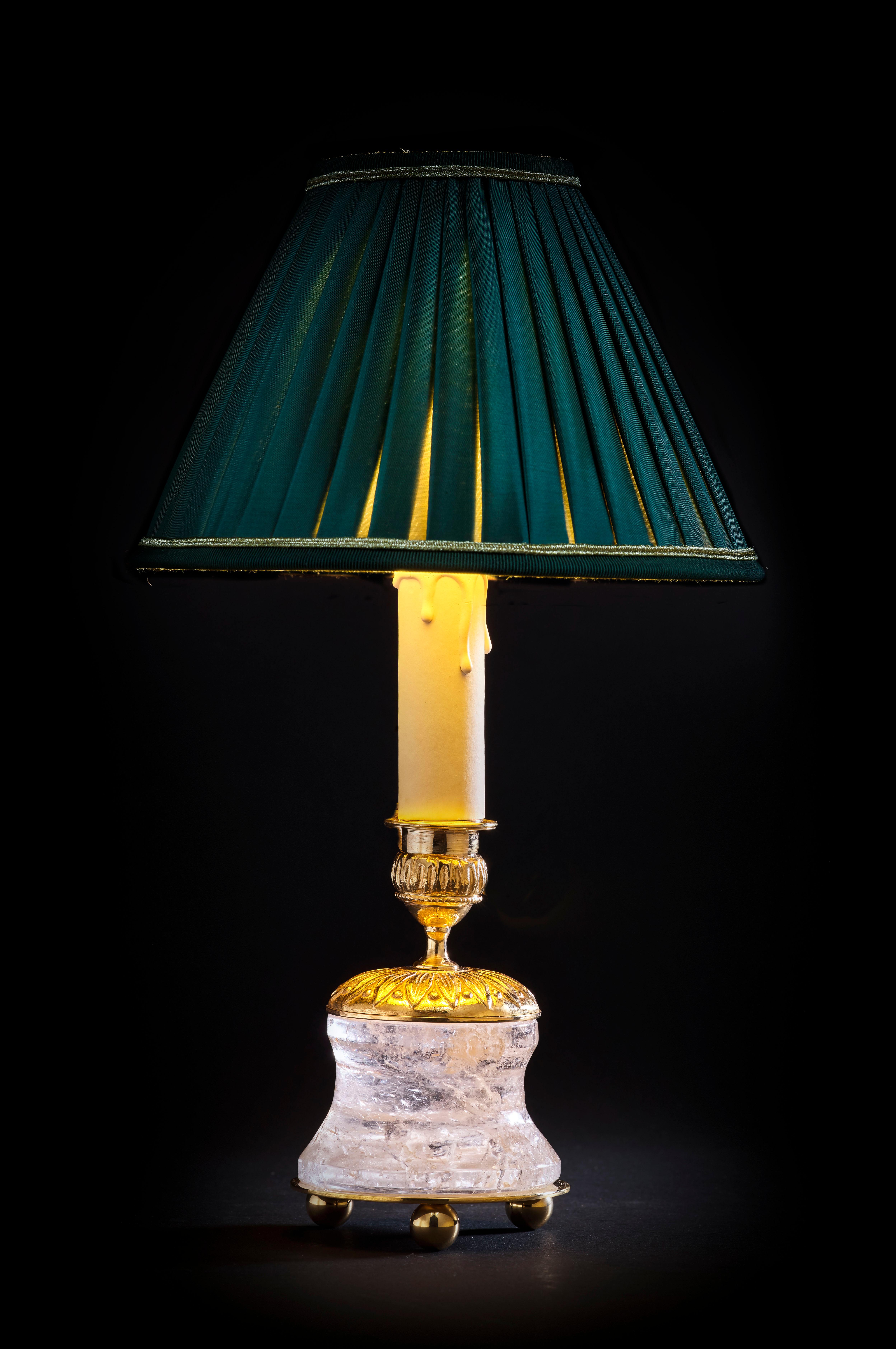 Rock Crystal Empire Style 24-Karat Ormolu Gilding Bronze Lamps Green Shades In New Condition For Sale In SAINT-OUEN, FR