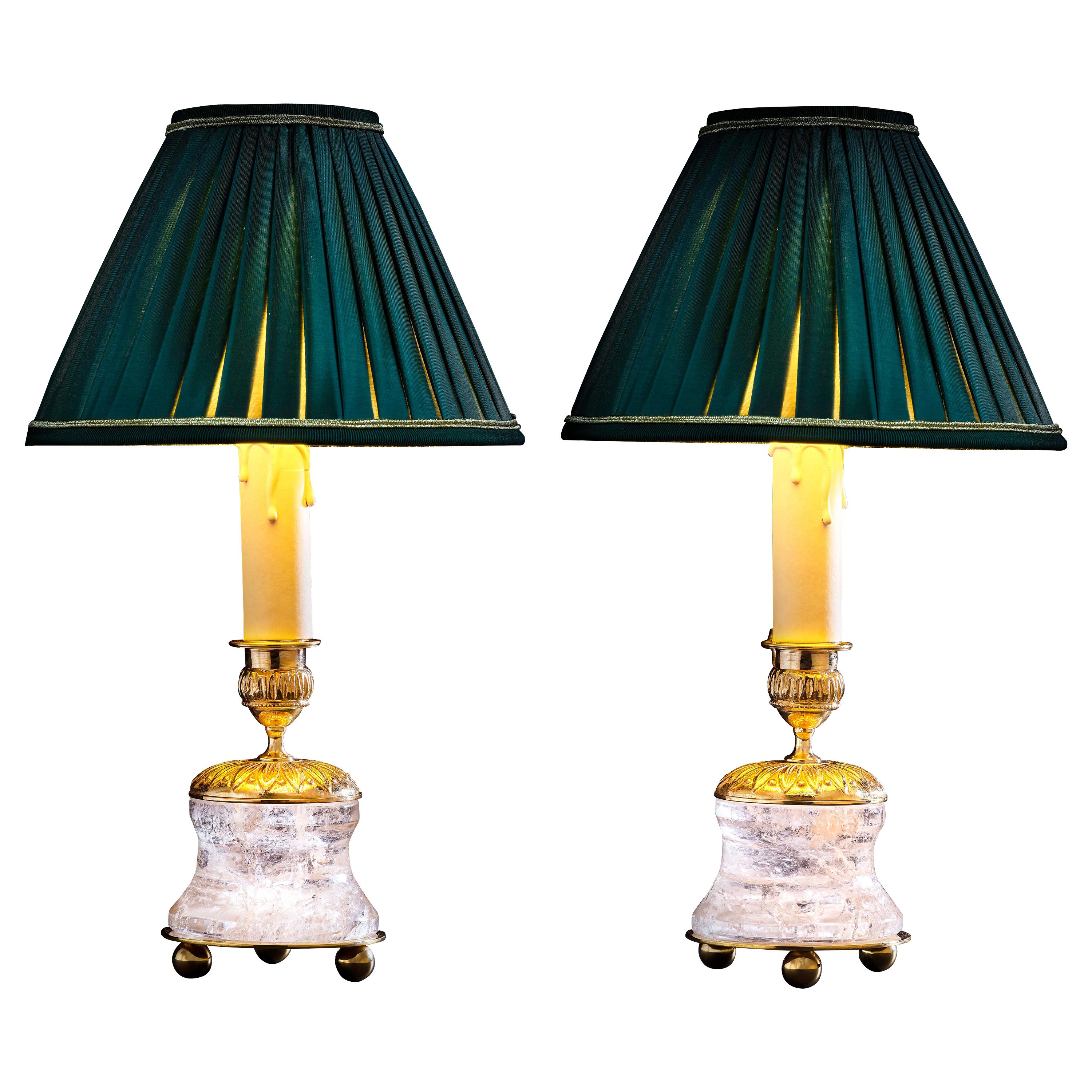 Rock Crystal Empire Style 24-Karat Ormolu Gilding Bronze Lamps Green Shades For Sale