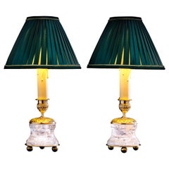 Rock Crystal Empire Style 24-Karat Ormolu Gilding Bronze Lamps Green Shades