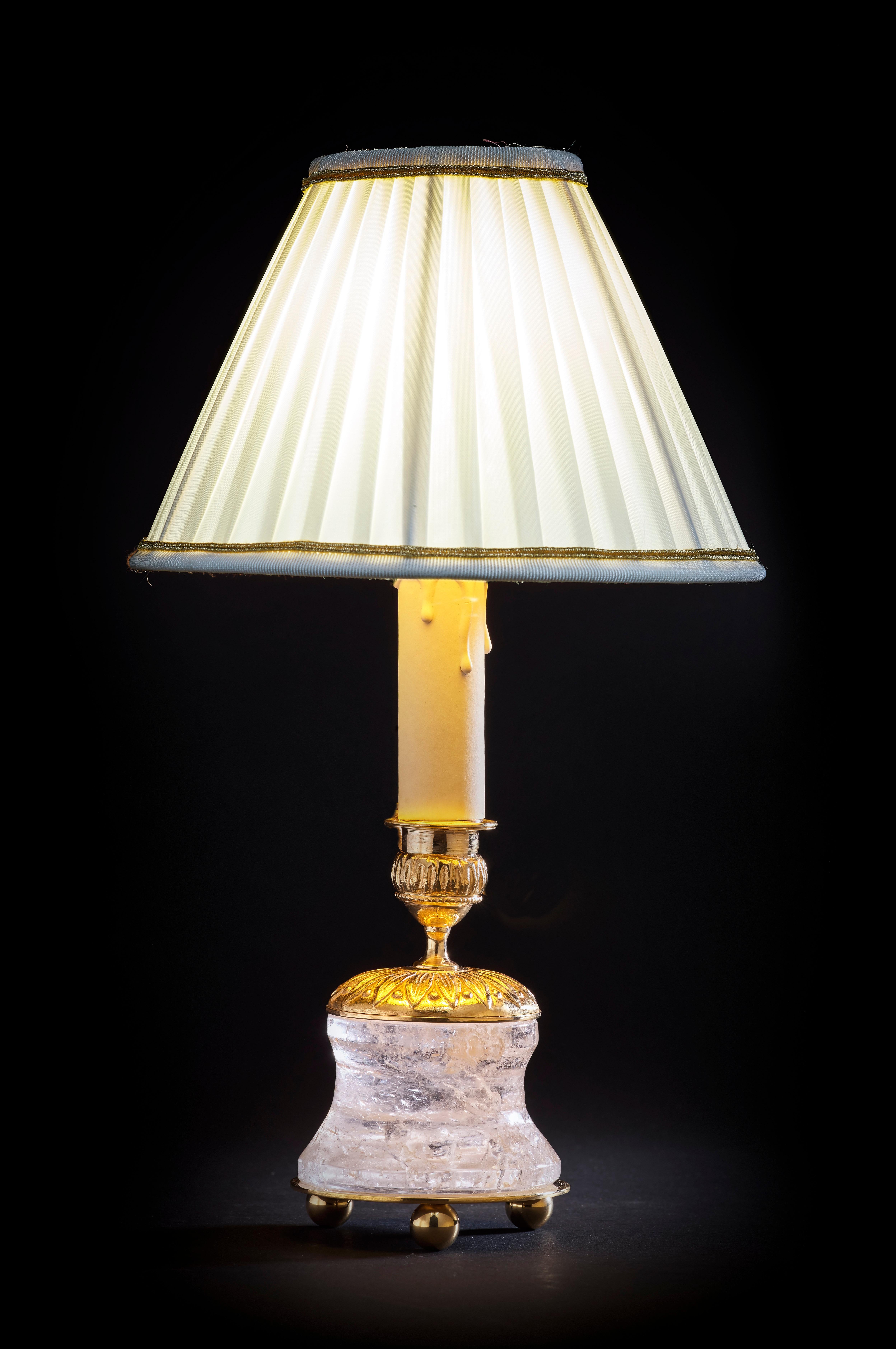 French Rock Crystal Empire Style 24-Karat Ormolu Gilding Bronze Lamps Ivory Shades For Sale