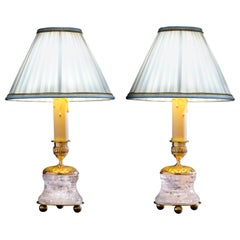 Rock Crystal Empire Style 24-Karat Ormolu Gilding Bronze Lamps Ivory Shades