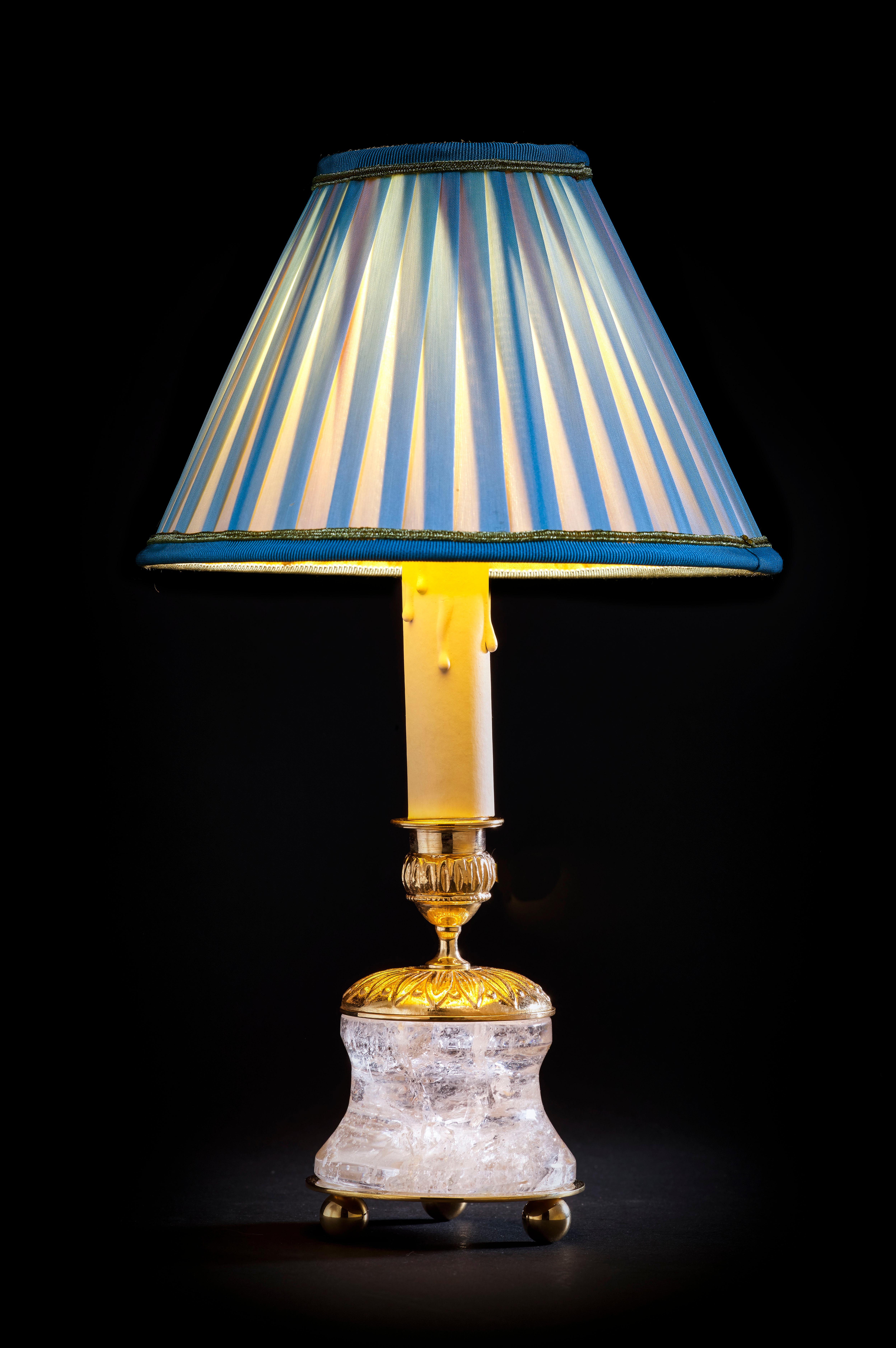 French Rock Crystal Empire Style 24-Karat Ormolu Gilding Bronze Lamps Light Blue Shades