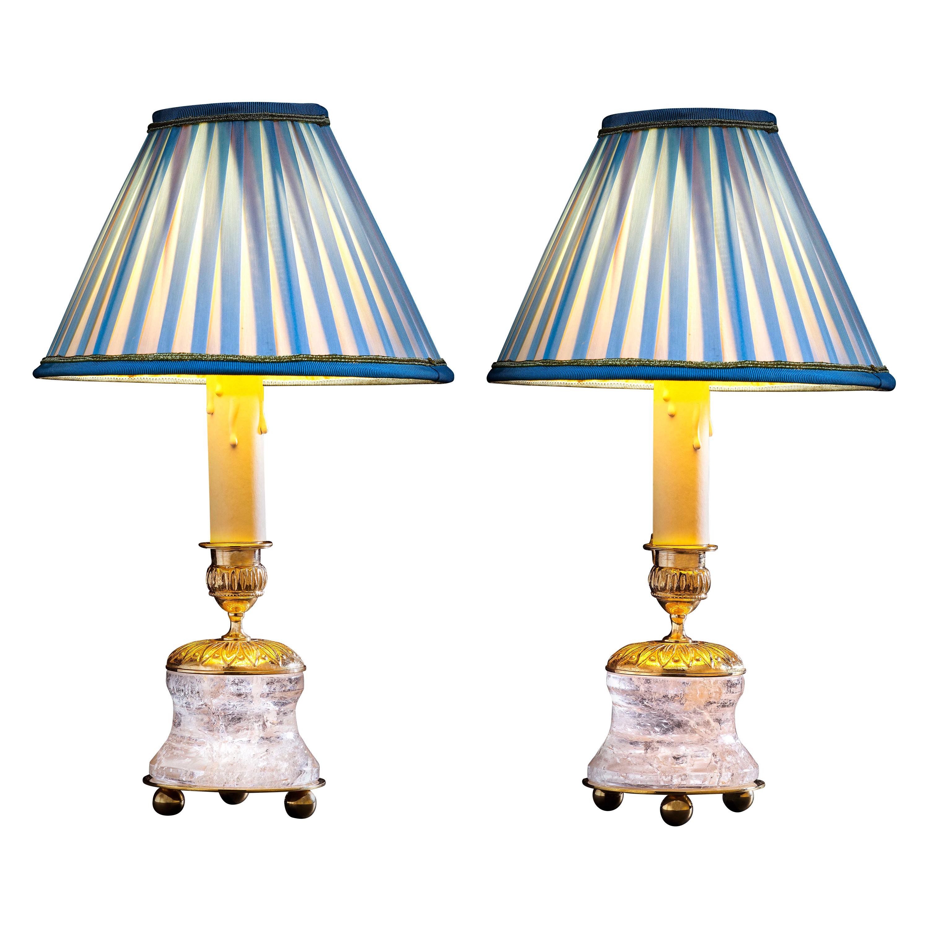 Rock Crystal Empire Style 24-Karat Ormolu Gilding Bronze Lamps Light Blue Shades
