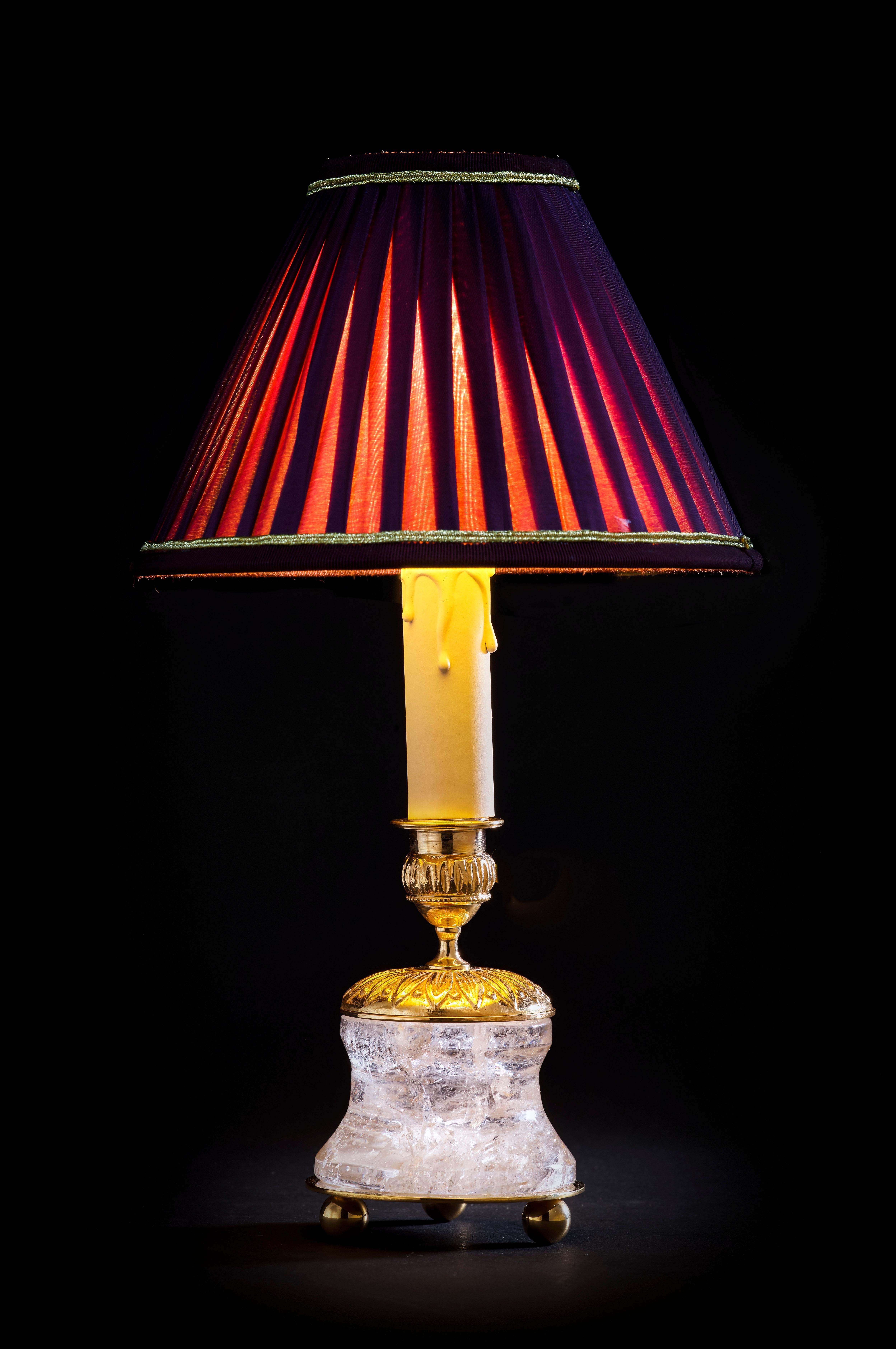 French Rock Crystal Empire Style 24-Karat Ormolu Gilding Bronze Lamps Purple Shades For Sale