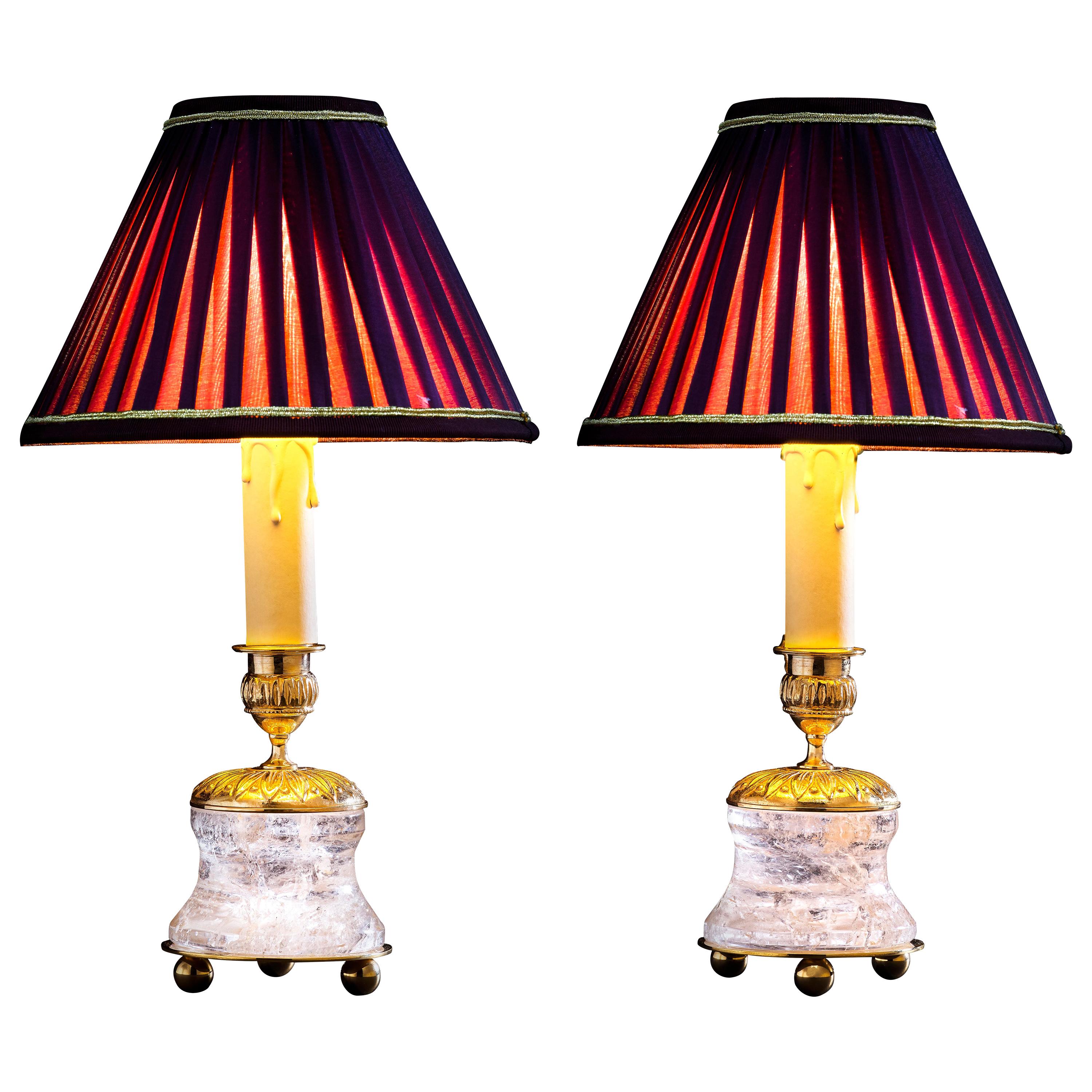 Rock Crystal Empire Style 24-Karat Ormolu Gilding Bronze Lamps Purple Shades For Sale