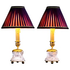 Rock Crystal Empire Style 24-Karat Ormolu Gilding Bronze Lamps Purple Shades