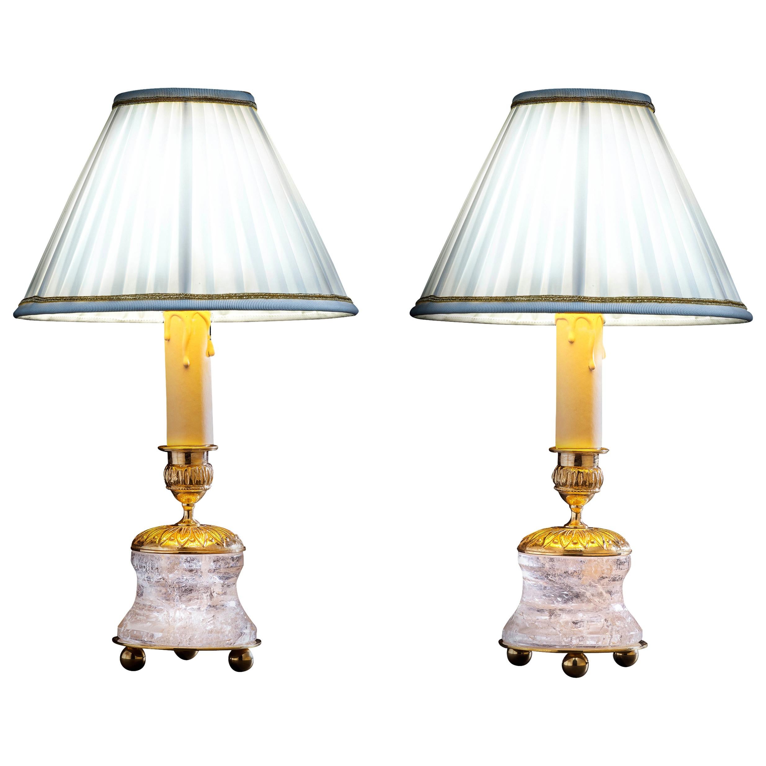 Rock Crystal Empire Style 24-Karat Ormolu Gilding Bronze Lamps White Shades