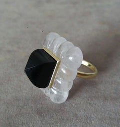 Rock Crystal Engraved Rectangular Shape Black Onyx Pyramid 14k Yellow Gold Ring
