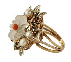 Rock Crystal, Coral, Diamonds, Rubies, Sapphires, Pearls Rose Gold and Silver Ring