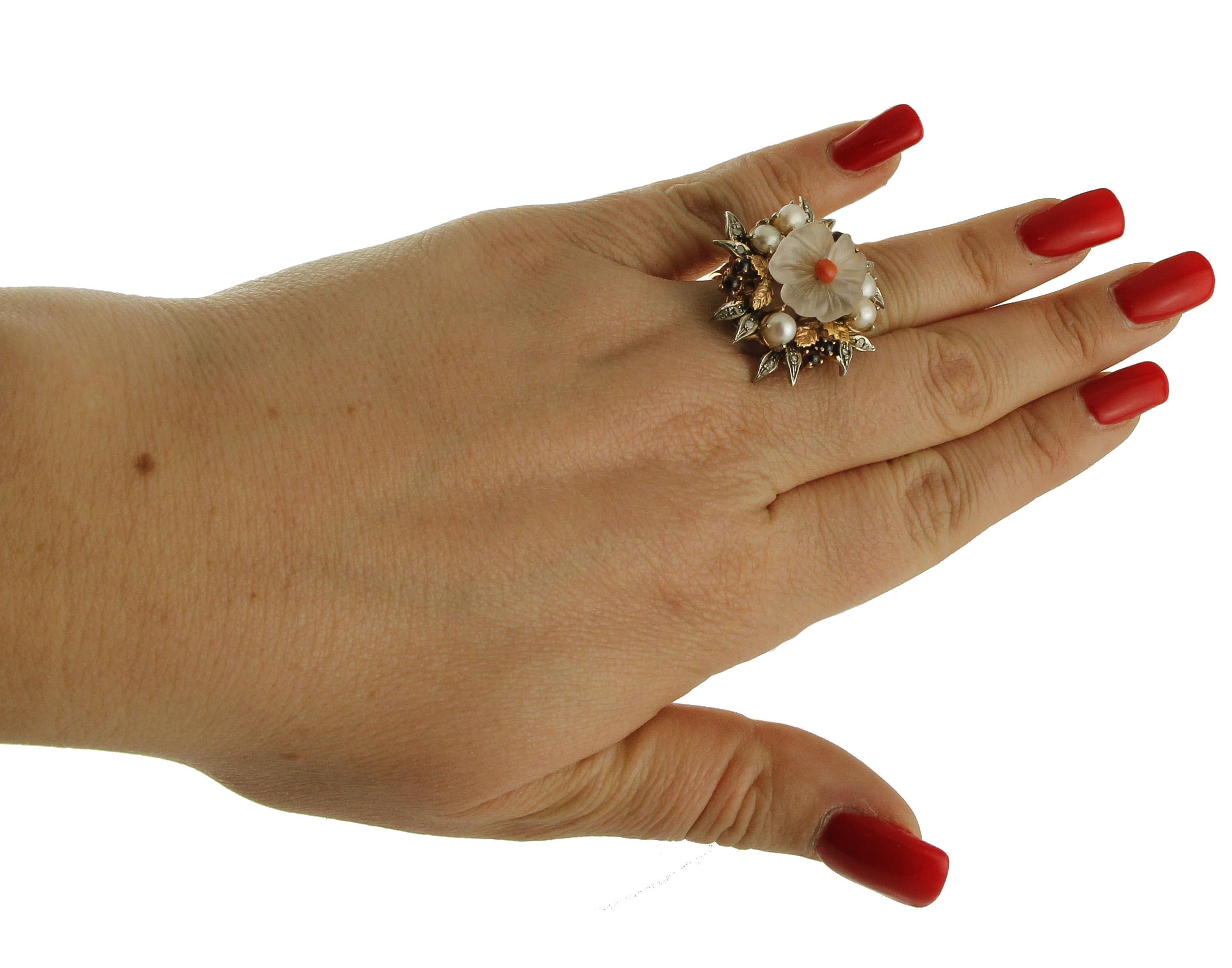 Retro Rock Crystal, Coral, Diamonds, Rubies, Sapphires, Pearls Rose Gold and Silver Ring