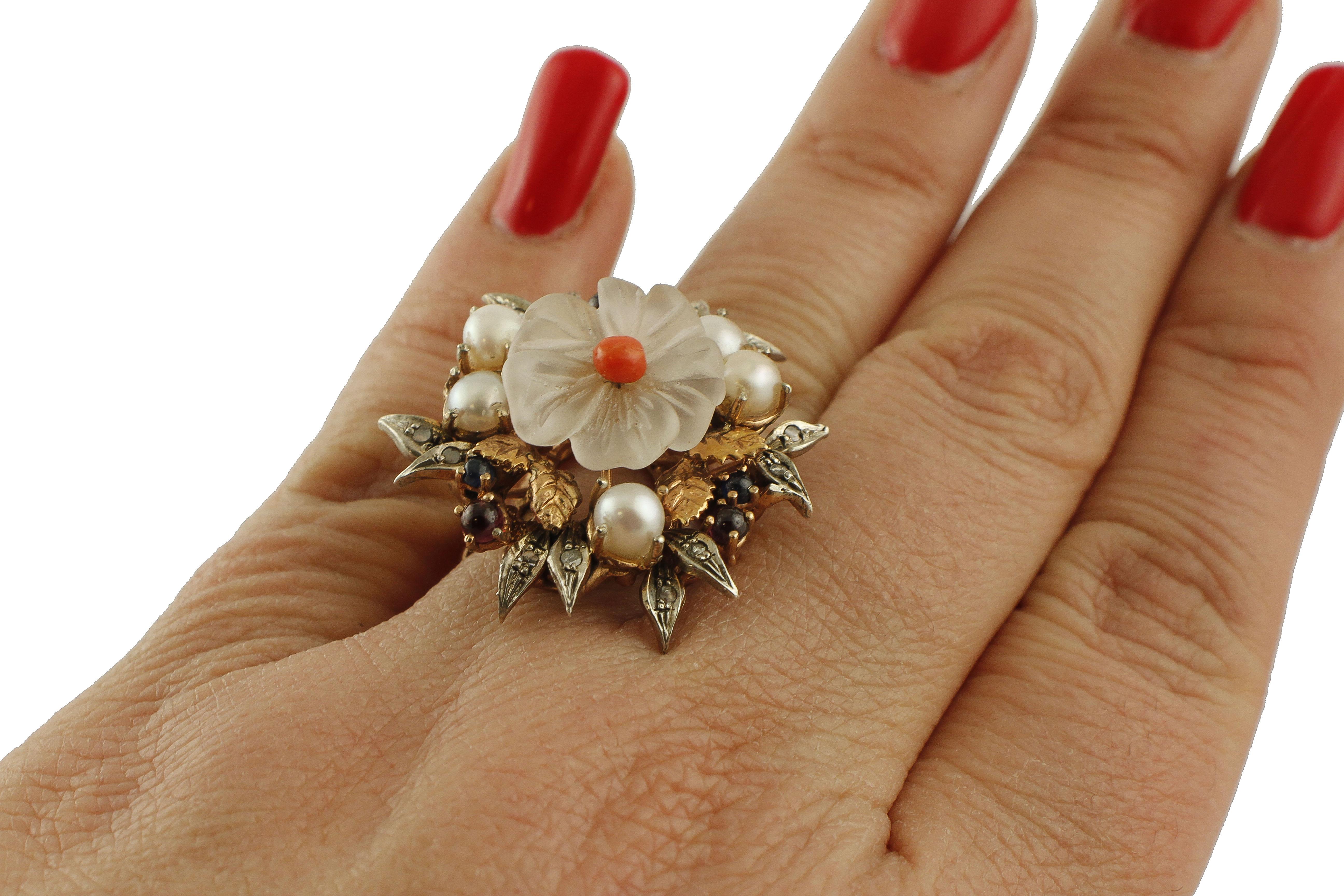 Mixed Cut Rock Crystal, Coral, Diamonds, Rubies, Sapphires, Pearls Rose Gold and Silver Ring