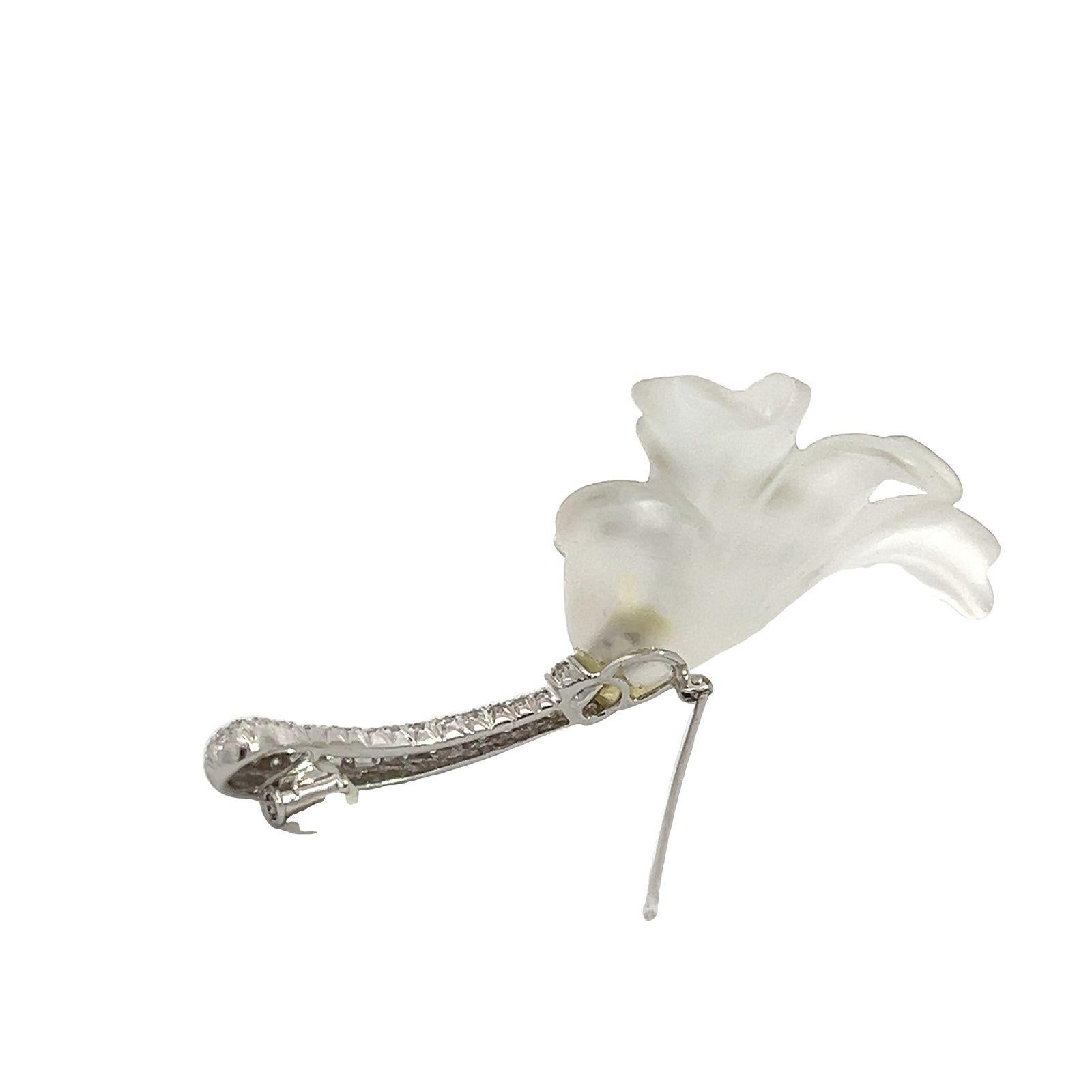 Art Deco Rock Crystal Flower Diamond Brooch Pin For Sale