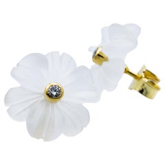 Rock Crystal Flower Flawless Diamond Yellow Gold Earrings