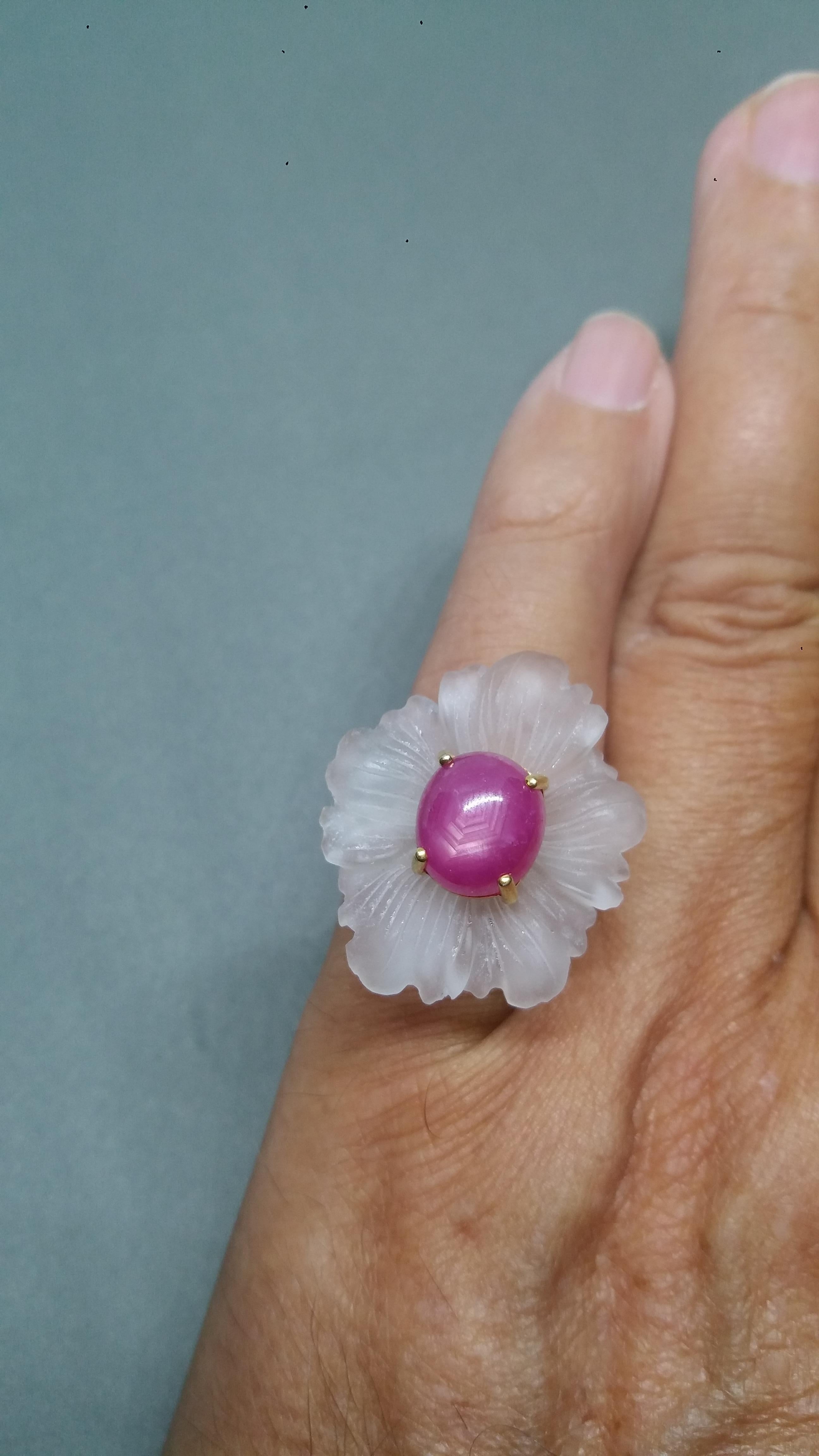 Rock Crystal Flower Natural Ruby Cabochon Solid 14 Karat Gold Fashion Ring For Sale 9