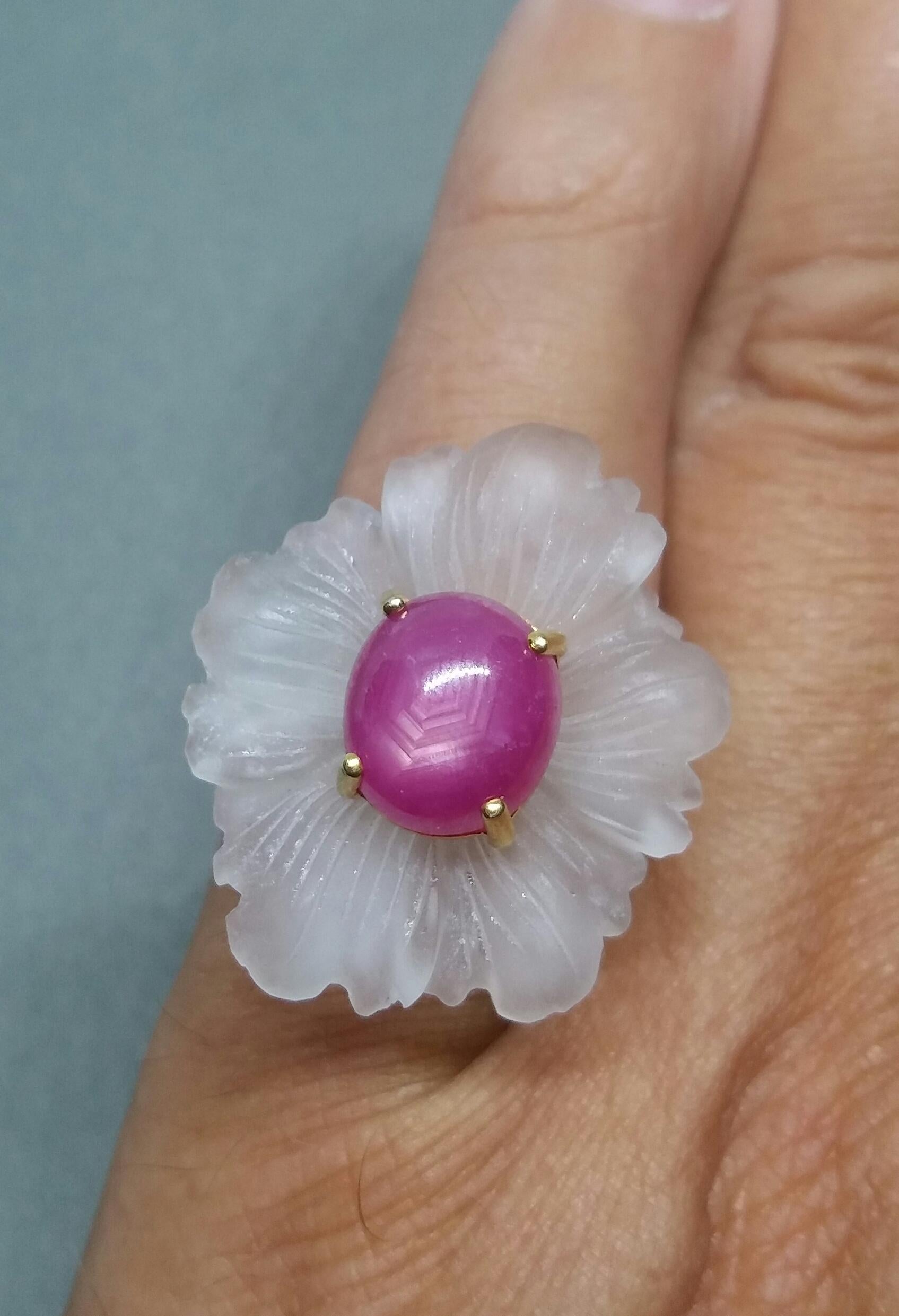 Women's Rock Crystal Flower Natural Ruby Cabochon Solid 14 Karat Gold Fashion Ring For Sale