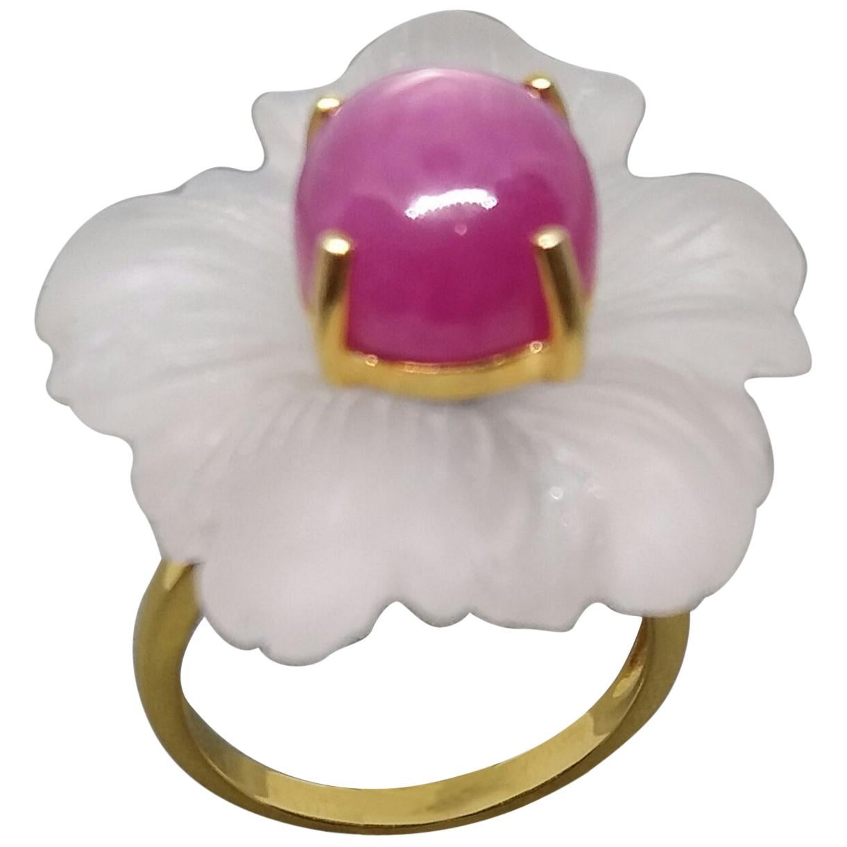 Rock Crystal Flower Natural Ruby Cabochon Solid 14 Karat Gold Fashion Ring For Sale