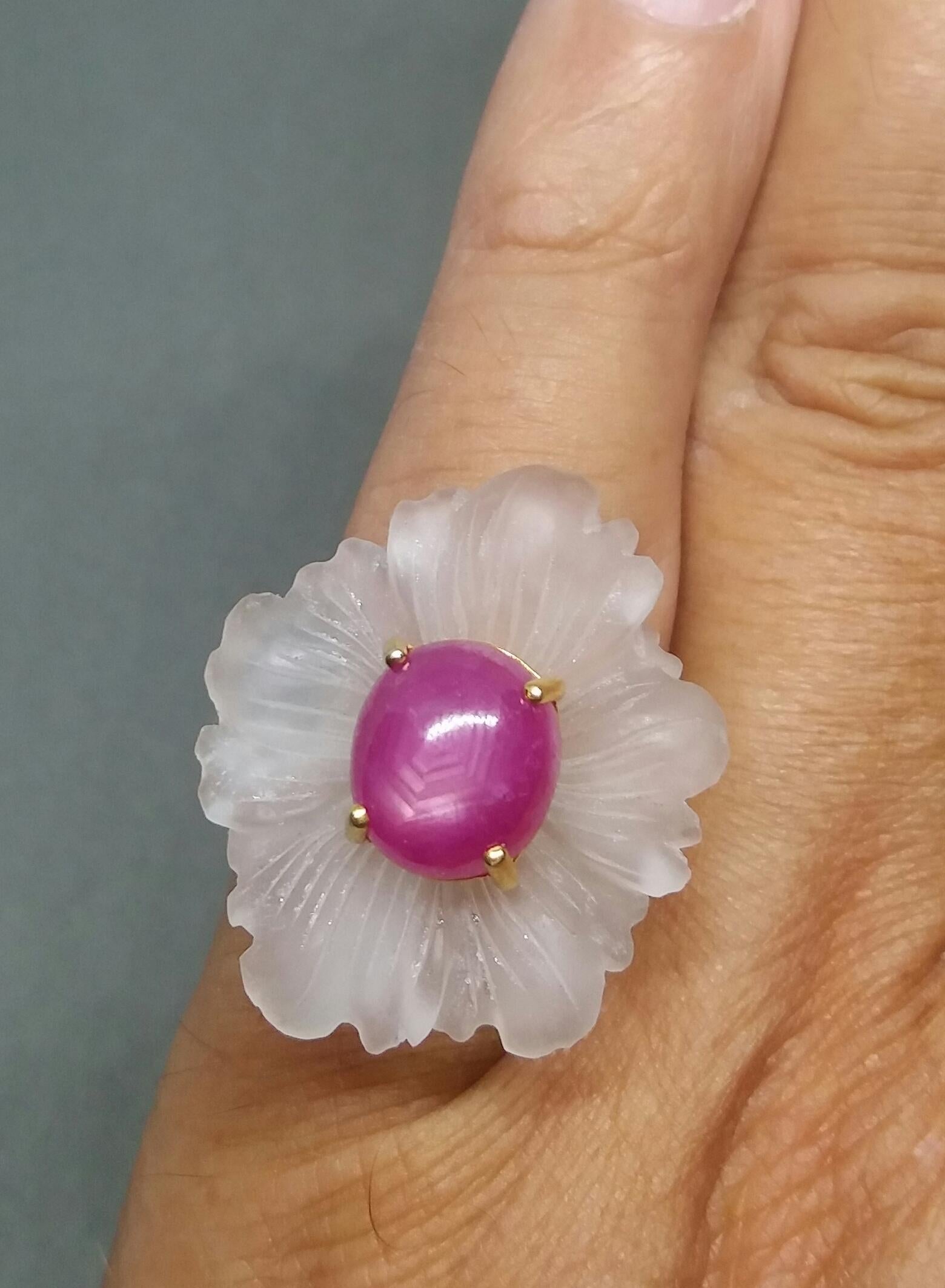 Flower carved Natural Rock Crystal (White Quartz) of 30 x 25 mm size with in the center a Natural Ruby Cabochon oval shape 11 x 9 mm size set in solid 14 Kt yellow gold is mounted on top of a 14 Kt. yellow gold shank. US size # 7 (but resizable
