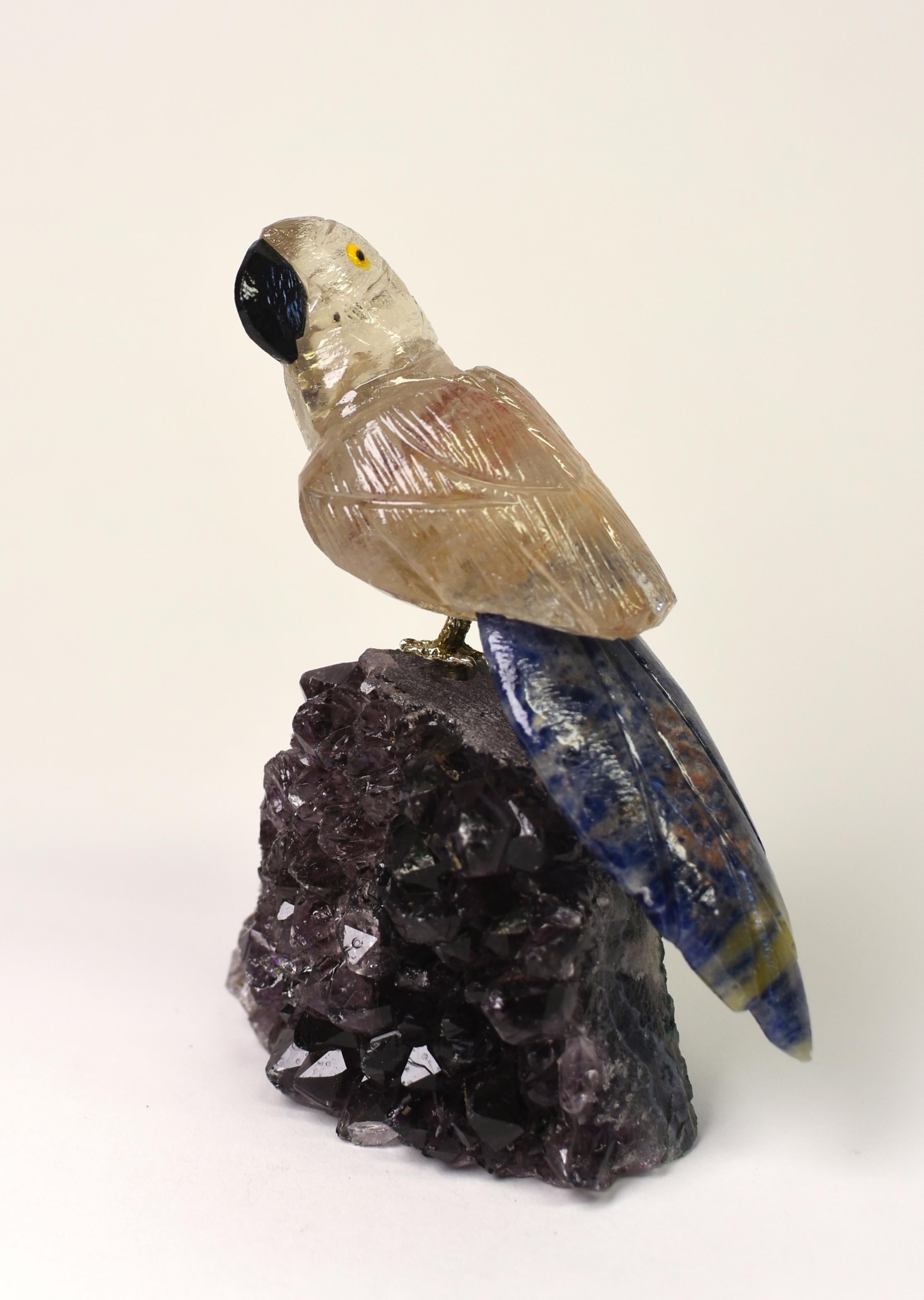 Rock Crystal Gemstone Parrot Bird on Amethyst For Sale 4