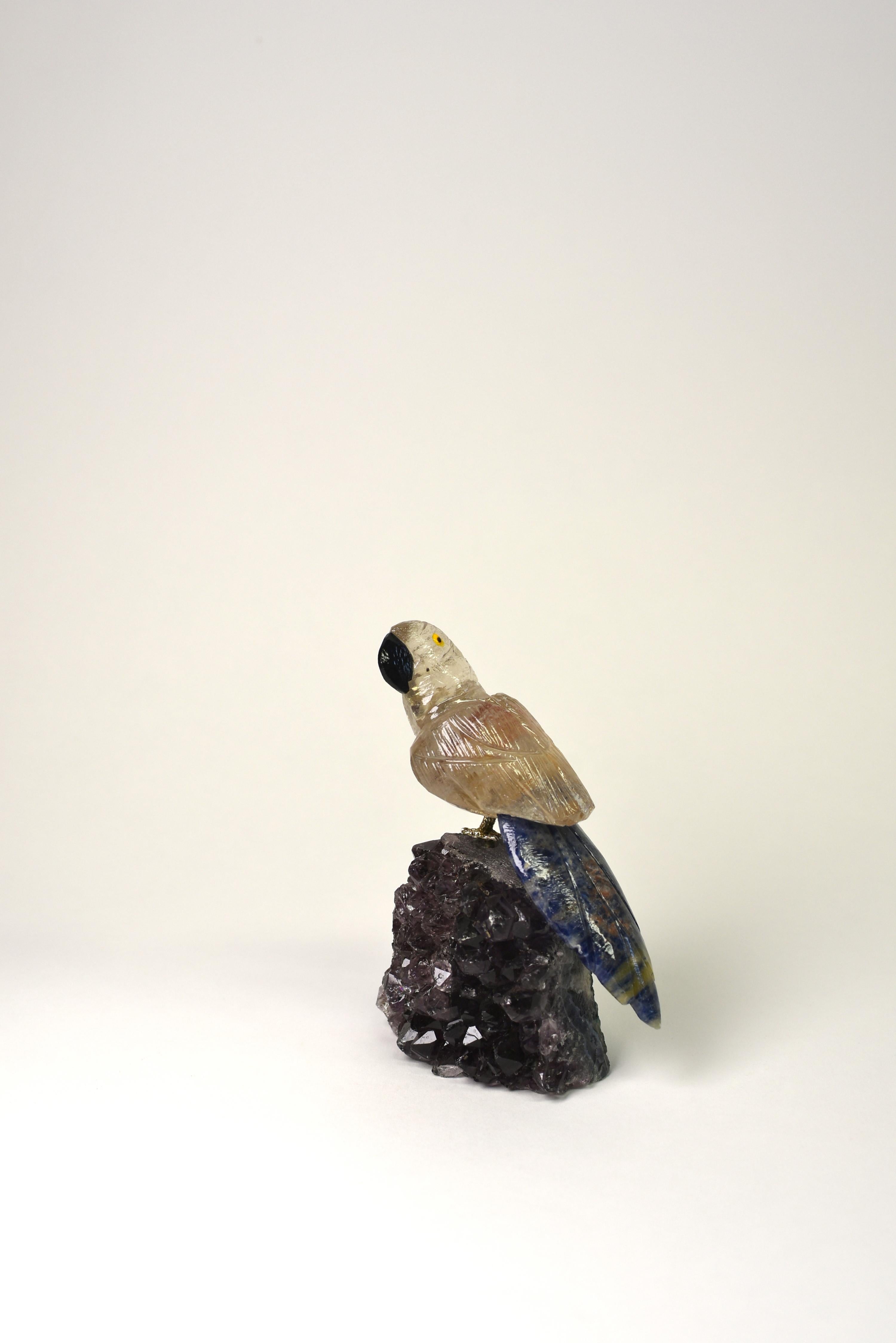 Rock Crystal Gemstone Parrot Bird on Amethyst In Good Condition For Sale In Somis, CA