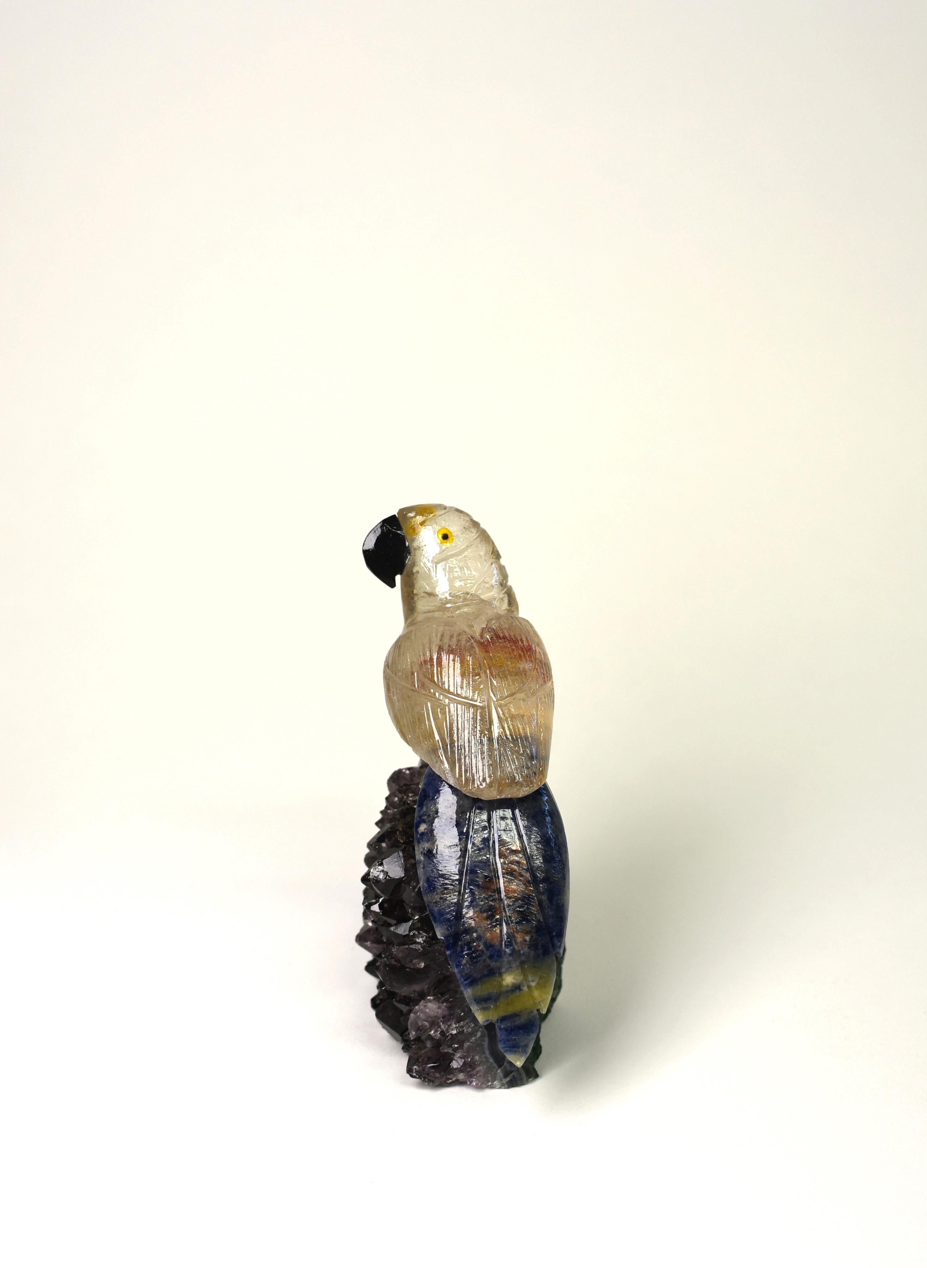 Hand-Carved Rock Crystal Gemstone Parrot Bird on Amethyst For Sale
