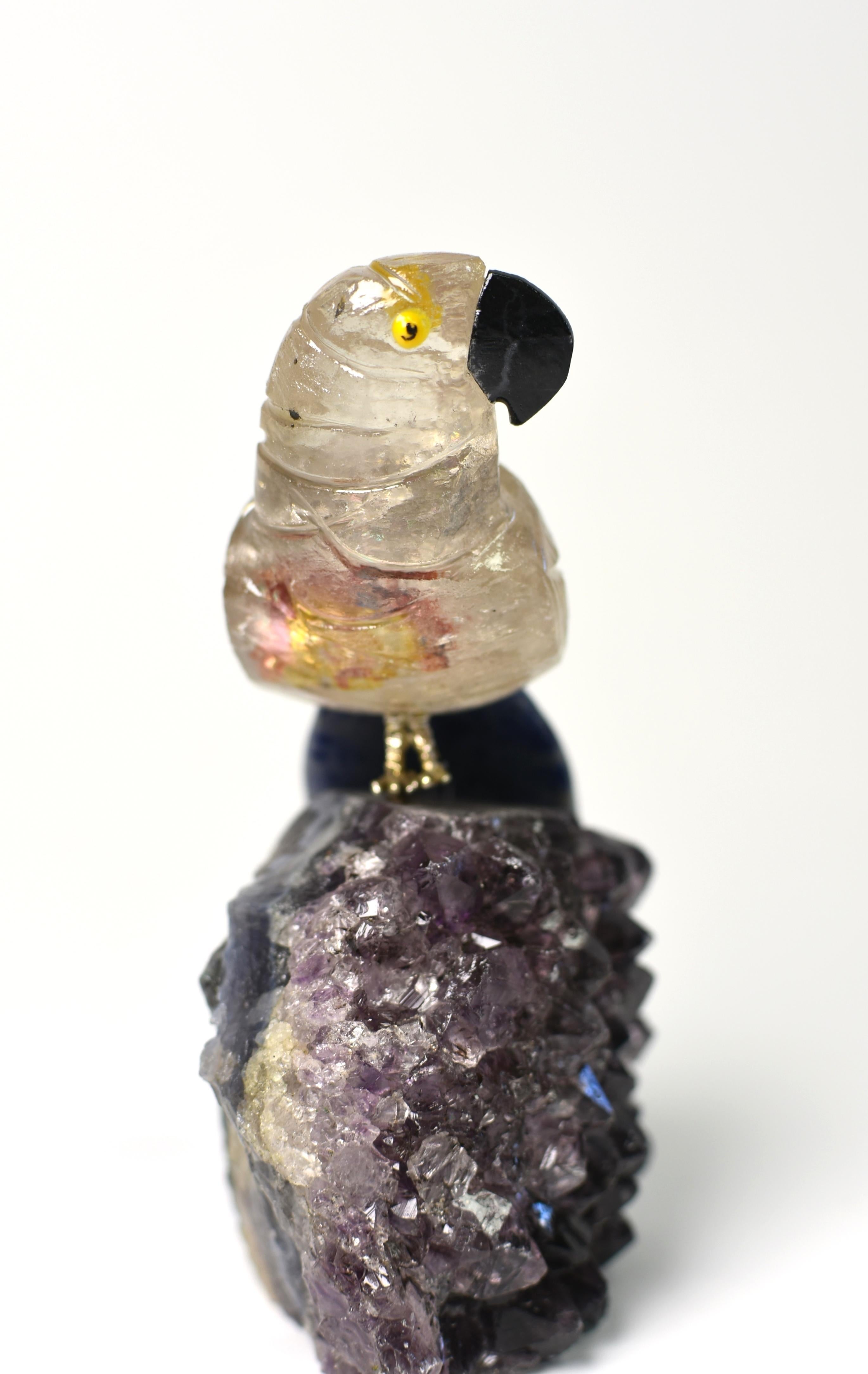 Contemporary Rock Crystal Gemstone Parrot Bird on Amethyst For Sale
