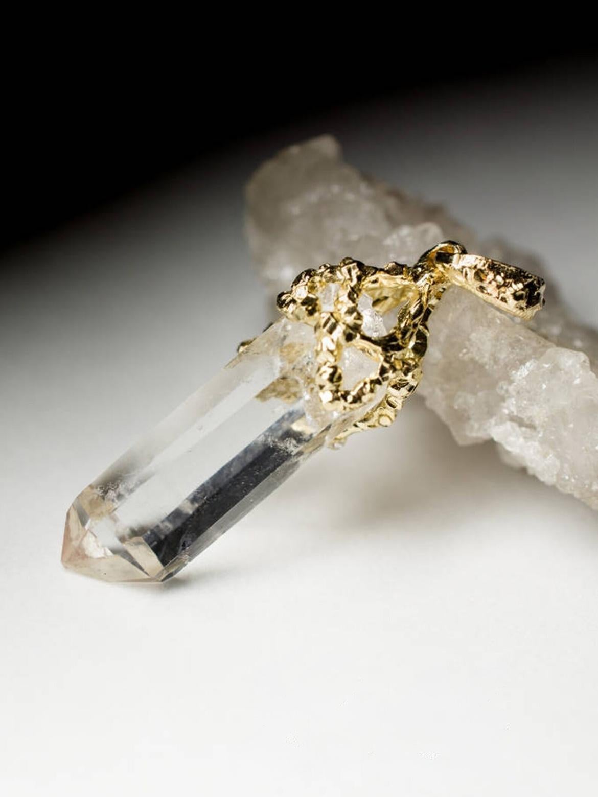 Uncut Rock Crystal Gold necklace Natural Raw Crystal pendant protection necklace For Sale