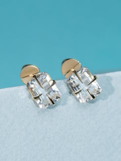 Rock Crystal Gold Stud Earrings Octagon Cut Natural Gems Quartz Gothic Style Art