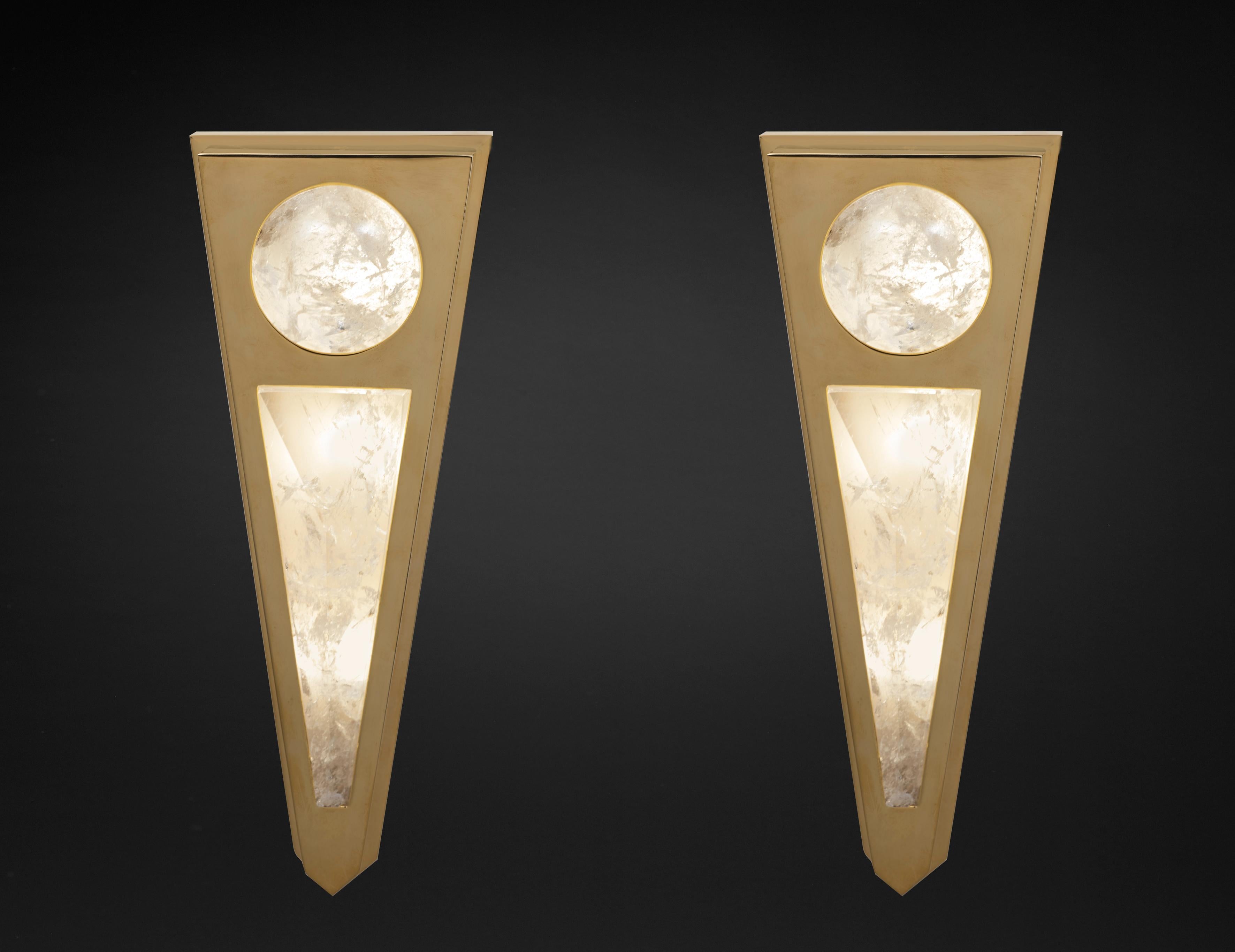 Art Deco style rock crystal moon model II wall light by Alexandre Vossion.
Handmade wall light made in France in brass and rock crystal.
24 gold-plated.
Could be made also in different finition.
 Smaller model of this line, a biggest also
