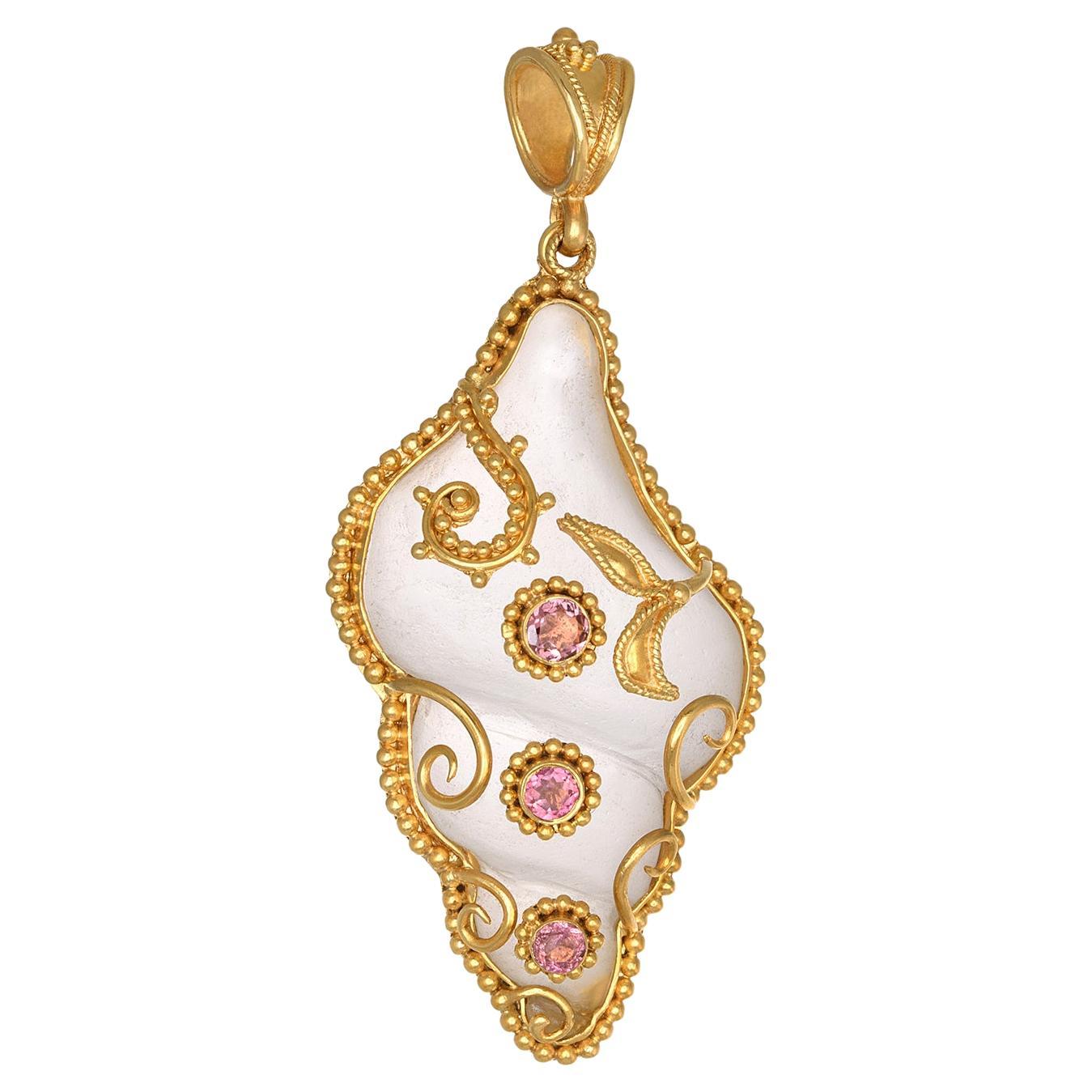 Rock Crystal Granulation Shell Pendant with Tourmalines in 22Kt Yellow Gold