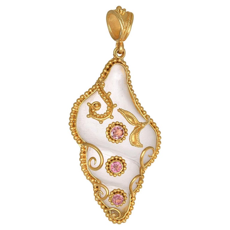 Rock Crystal Granulation Shell Pendant with Tourmalines in 22Kt Yellow Gold For Sale