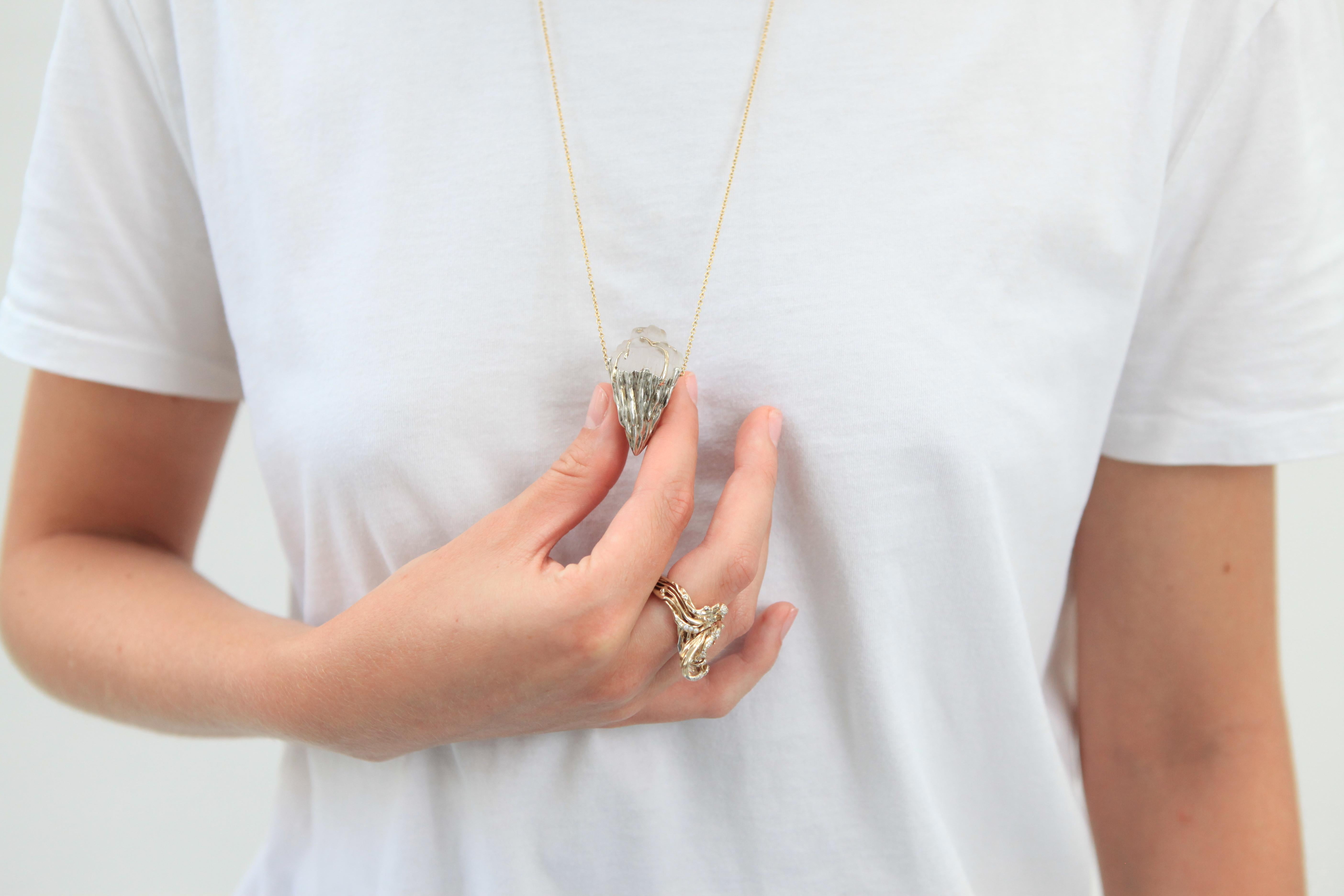 Rock Crystal Iceberg with Sterling Silver and 18k White and Yellow Gold Pendant In New Condition For Sale In Amsterdam, NL