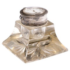 Rock Crystal Inkwell with Silver Plated American Waltham Watch Company Clock
