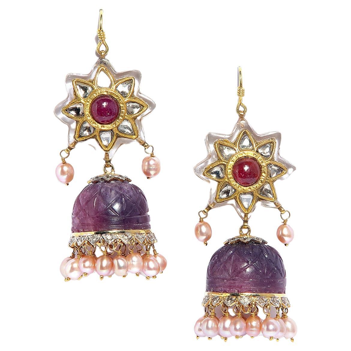 Rock crystal jhumkas by Vintage Intention For Sale
