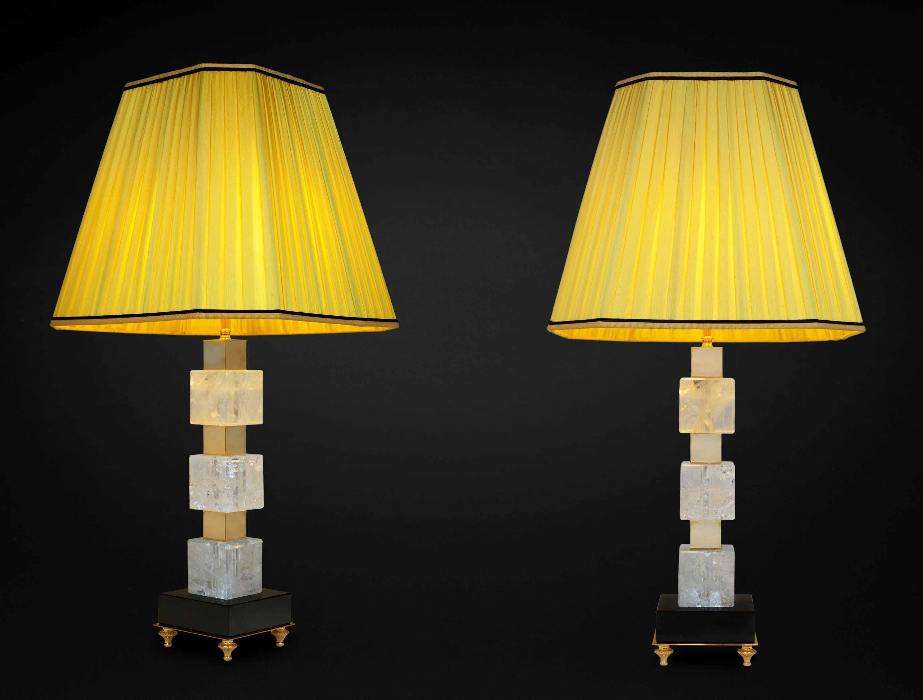 Unique pair of rock crystal and belgium black marble table lamps.
24 K gold plated brass.
Made in FRANCE.
Alexandre VOSSION DESIGN.