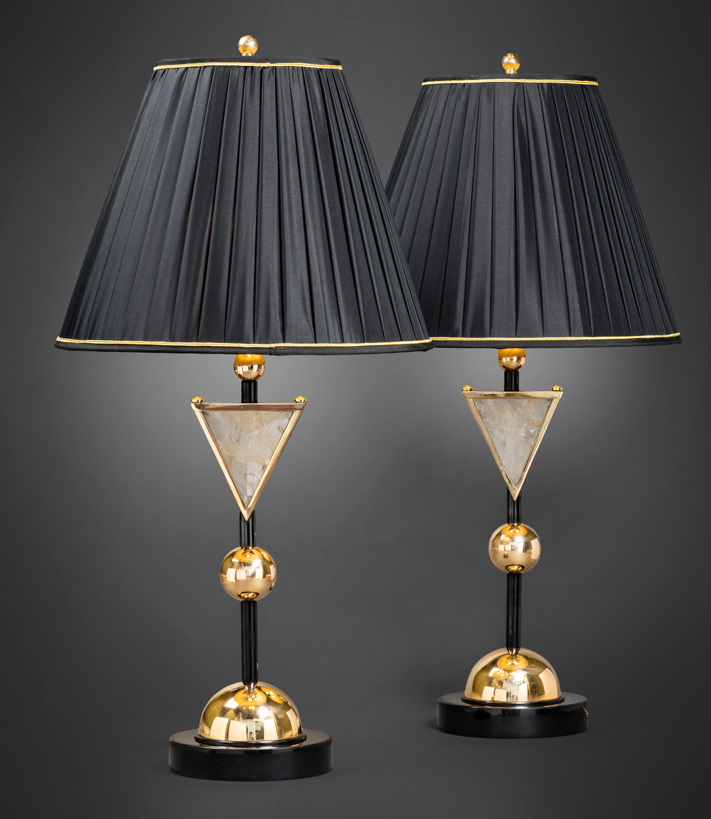 Original creation by Alexandre Vossion.
Made in the same spirit than the Diadem Chandelier.
Rock crystal stone, brass, black chrome, 24-karat gold (not polished brass),customized lampshades.
This model could be made in your finition (silver