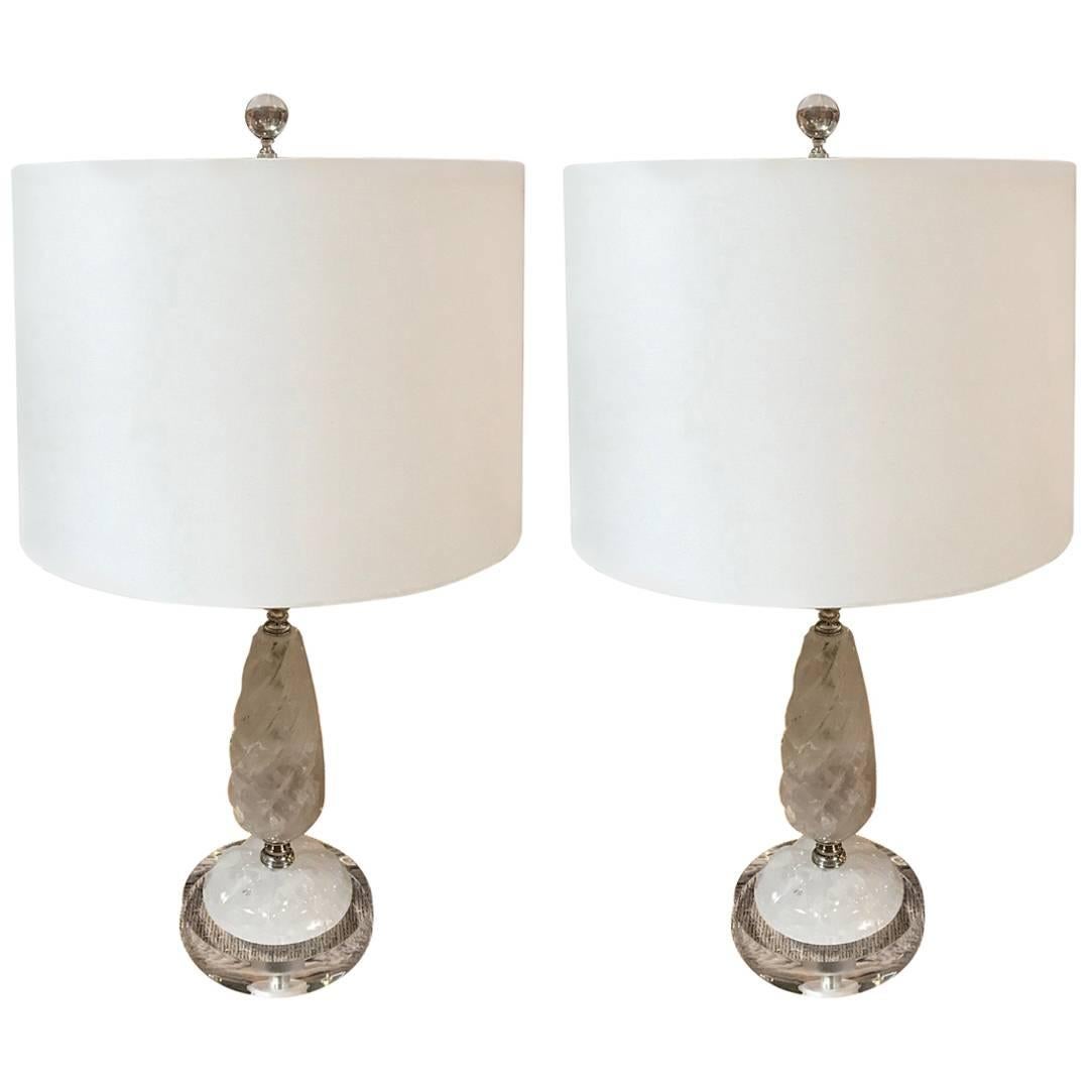 Rock Crystal Lamps with Sterling Plated Detail, a Pair For Sale