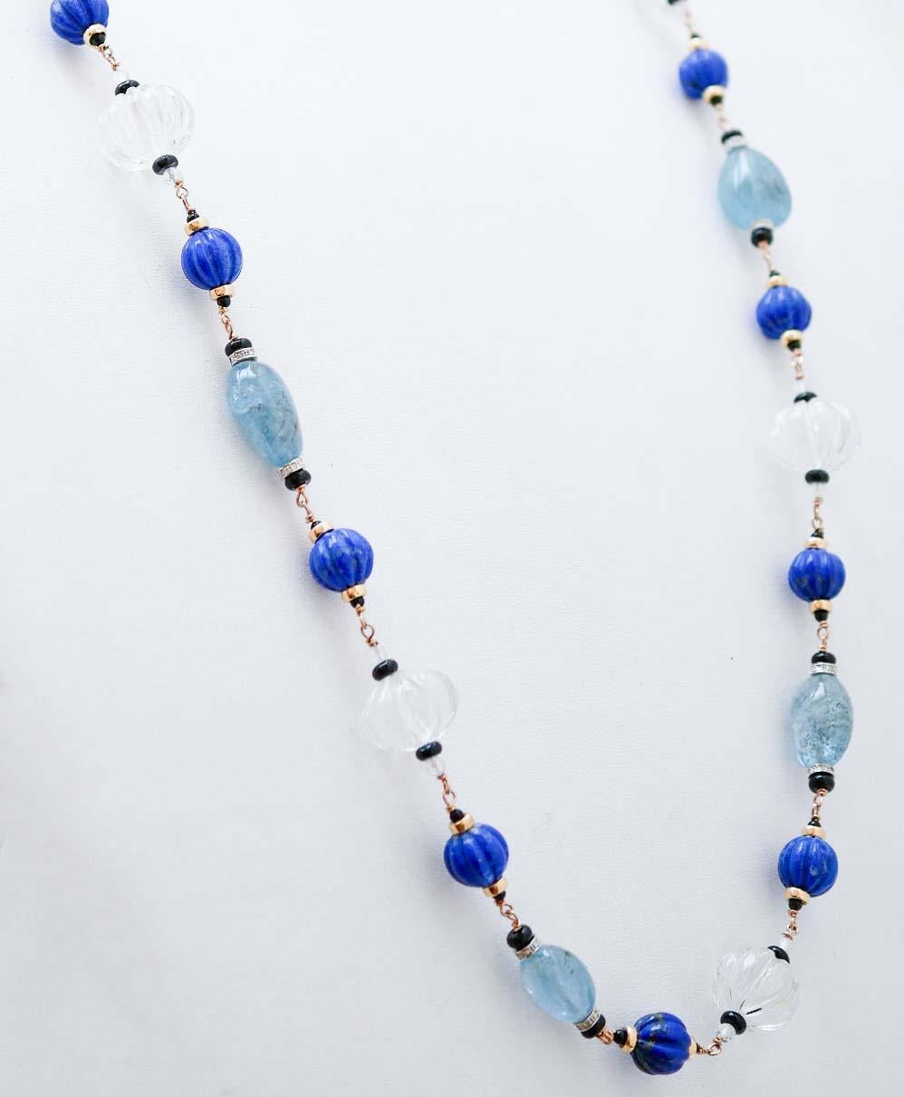 Retro Rock Crystal, Lapis, Onyx, Diamonds, Aquamarine, Rose Gold Necklace. For Sale